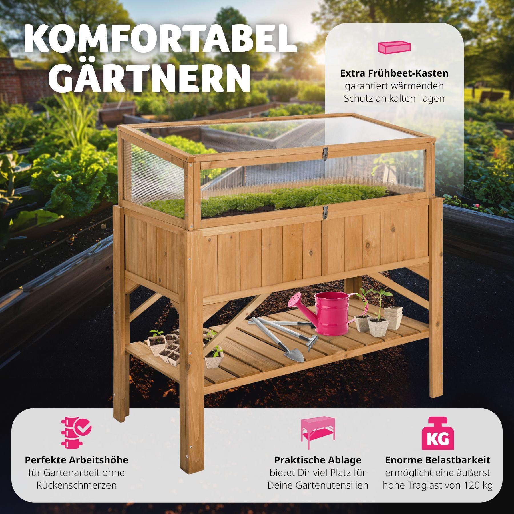 Tectake Hochbeet mit Ablage und Frühbeet-Aufsatz 119x53x124cm