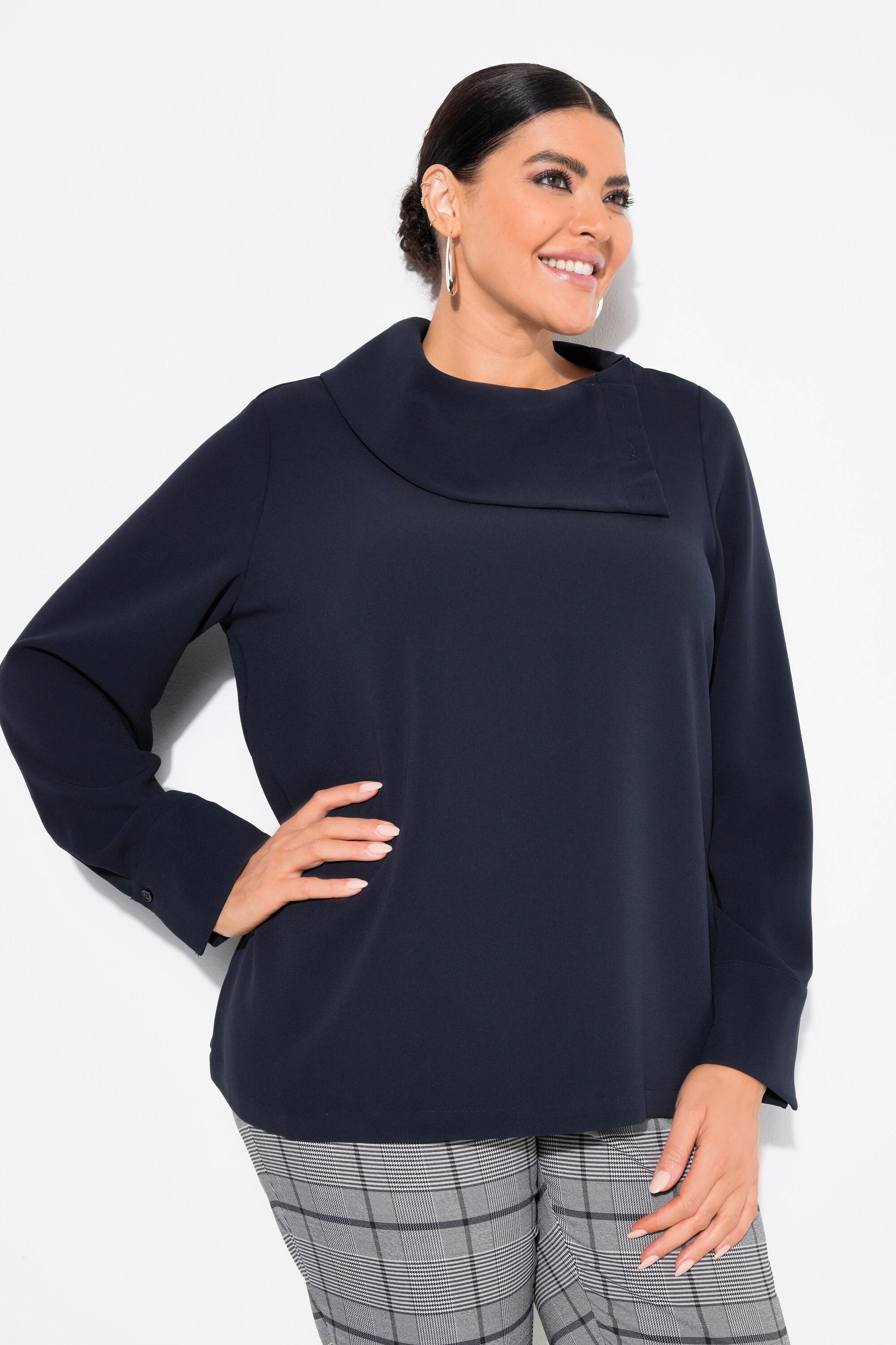 Ulla Popken Acetat-Bluse, asymmetrischer Hemdkragen, Langarm