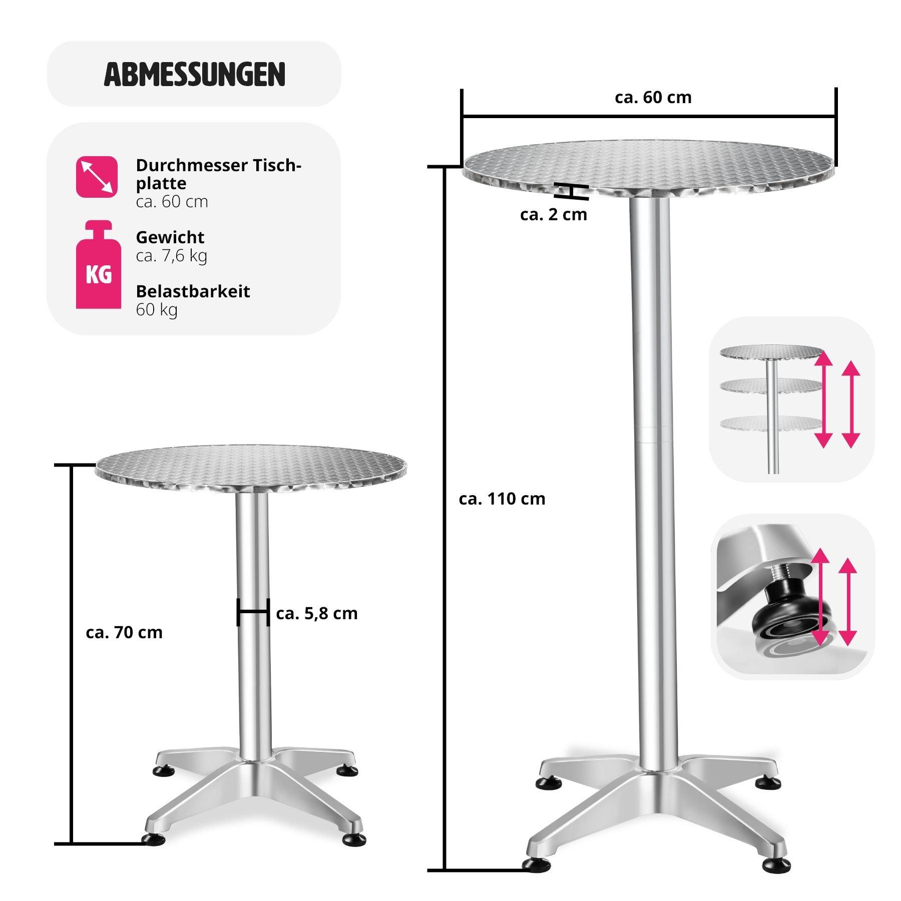 Tectake Aluminium Bistrotisch Ø60cm höhenverstellbar