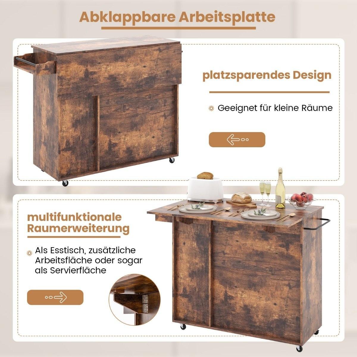 Northio Küchenwagen auf Rollen Servierwagen mit klappbarer Arbeitsplatte 121 x 68 x 88 cm Rustikales Braun