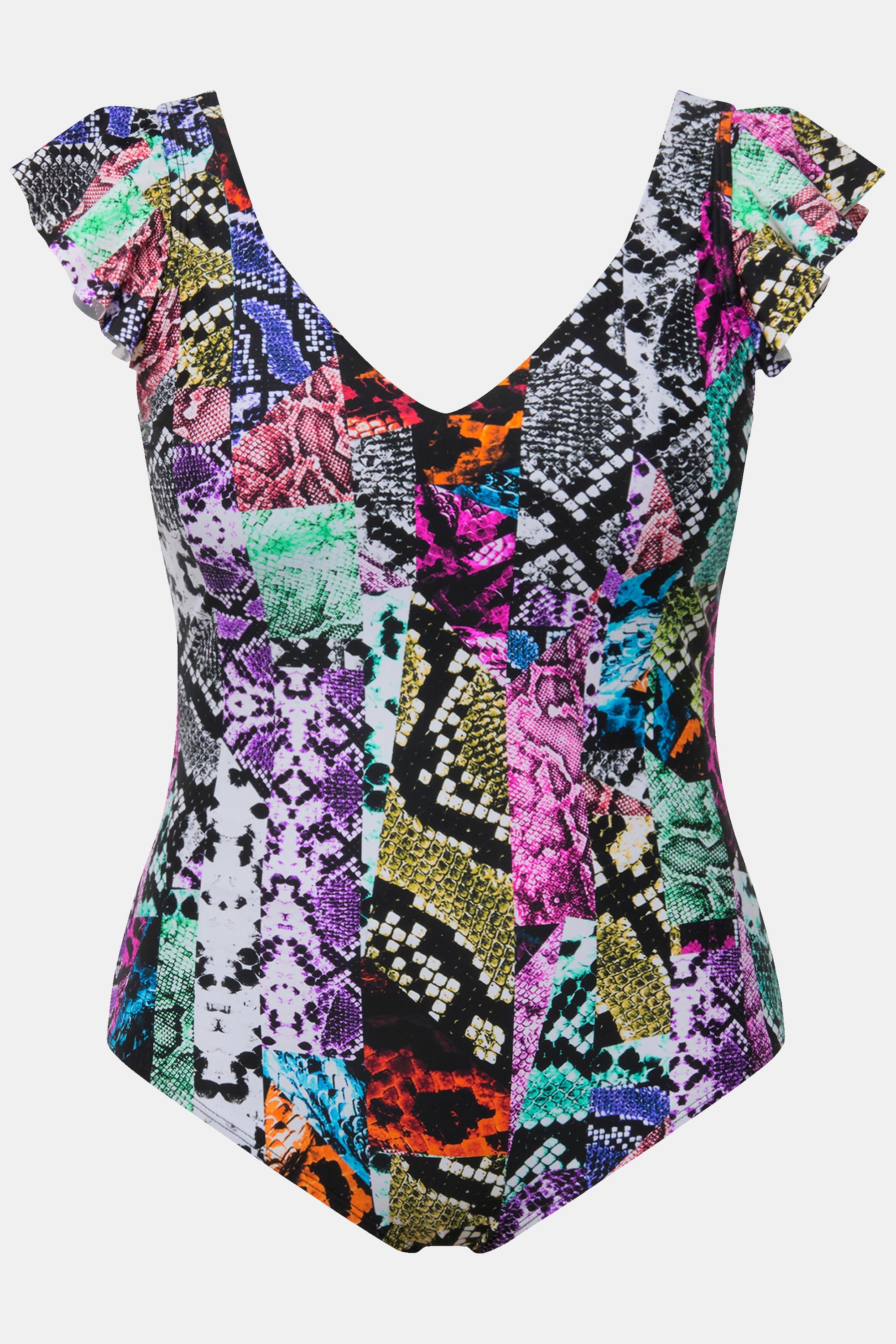 Ulla Popken Badeanzug, Mustermix, Softcups, Flügelärmel