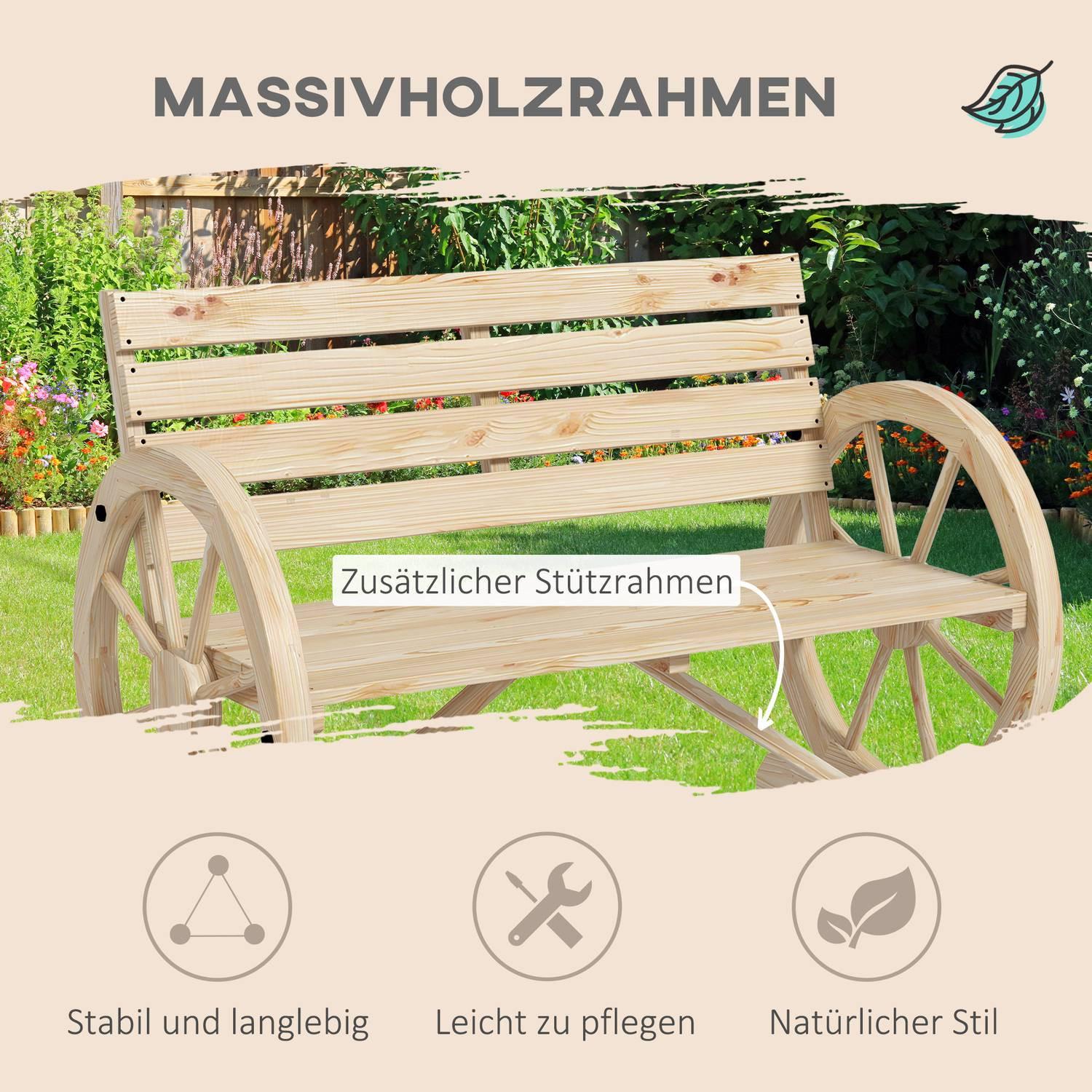 Northio Gartenbank 2-Sitzer Sitzbank Holzbank Parkbank Im Wagenrad-Design, Bank Mit Armlehne Im Landhausstil Bis 240 Kg Belastbar Tannenholz Natur