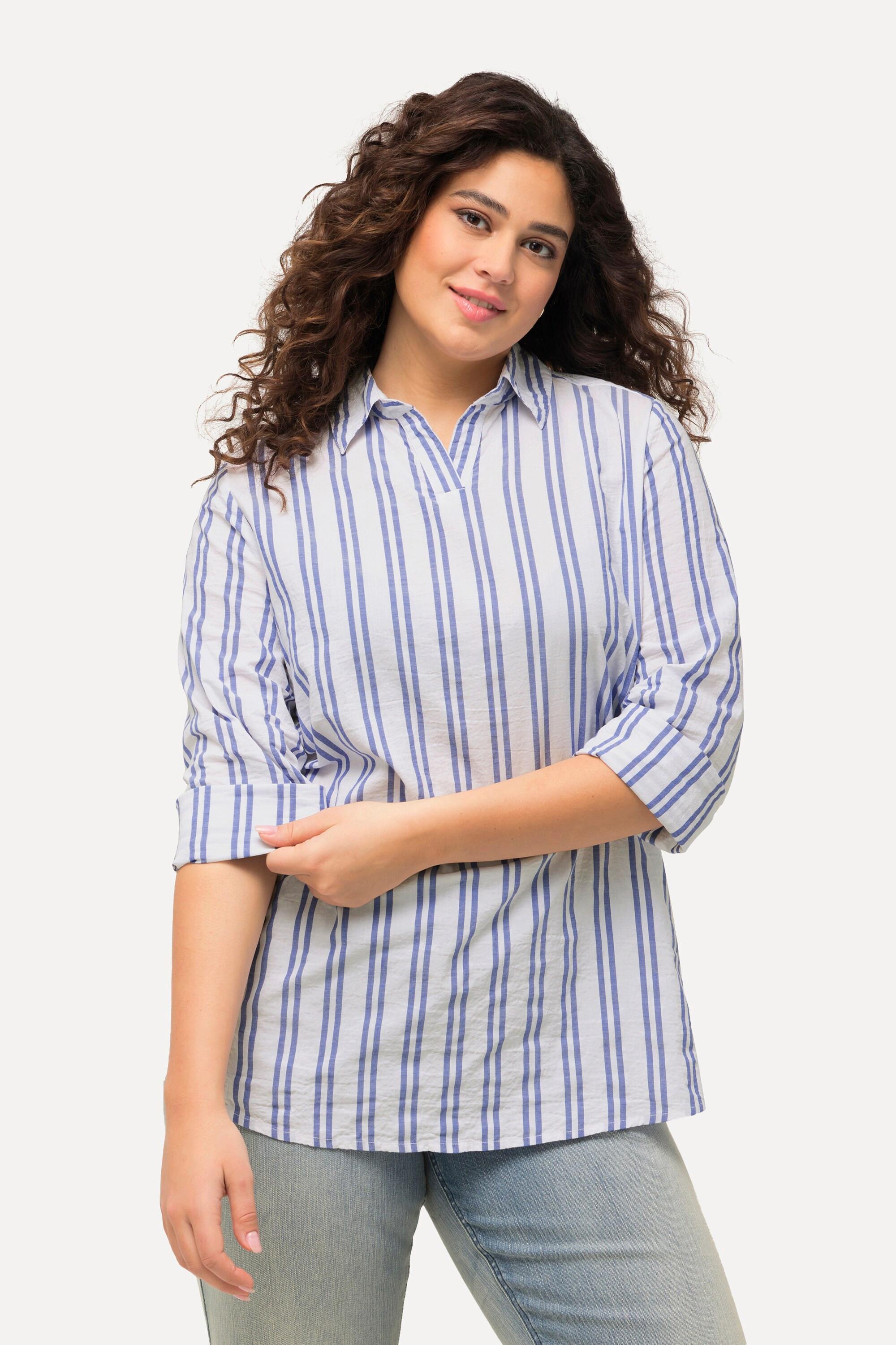 Ulla Popken Gestreifte Tunika mit Hemdkragen und V-Ausschnitt