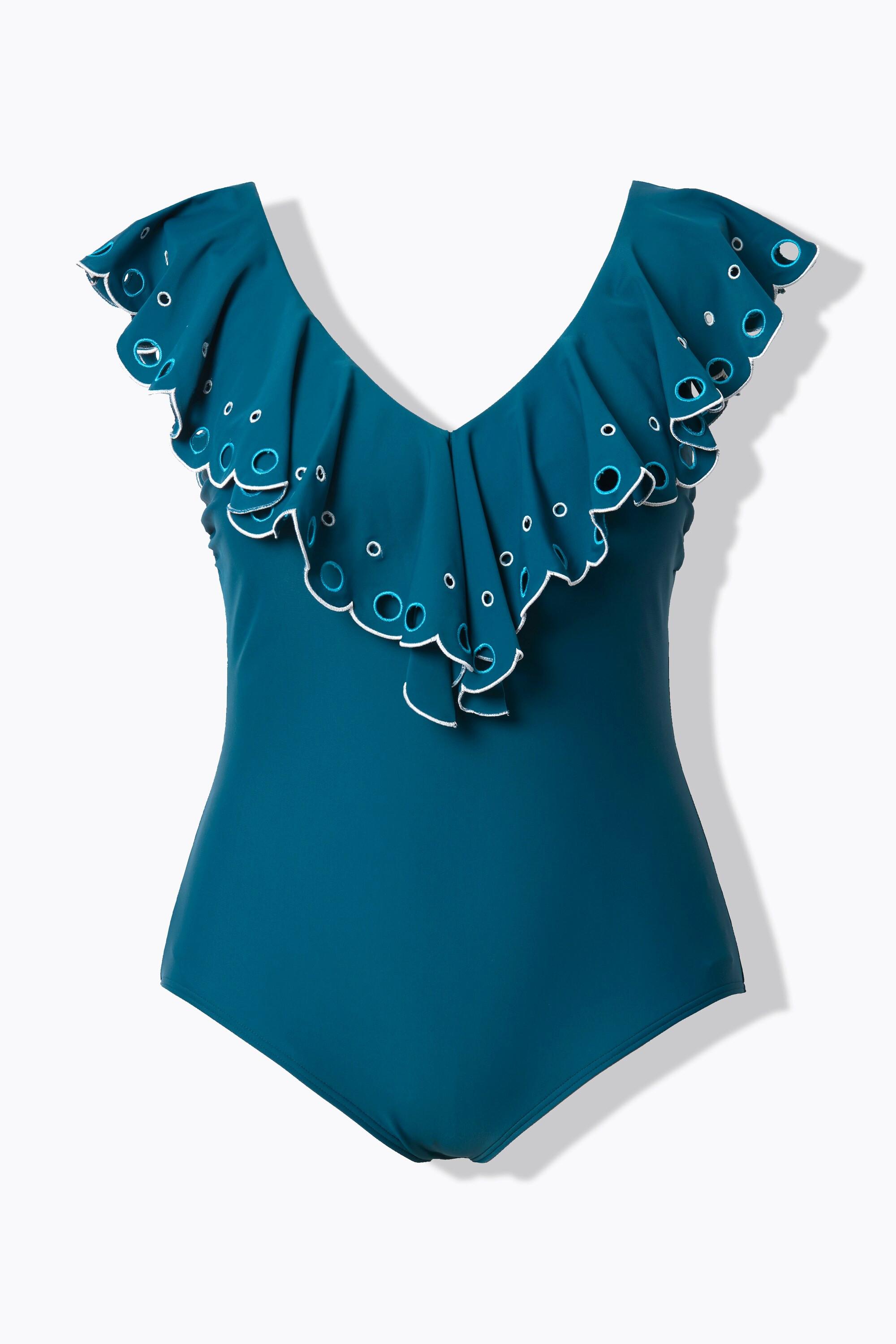 Ulla Popken Badeanzug, Volant, Stickerei, Softcups, recycelt