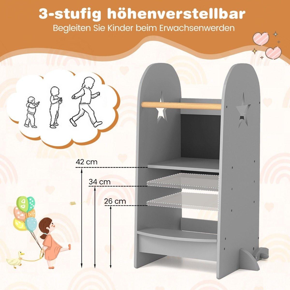 Northix 3 in 1 Lernturm Kinder Tritthocker mit 3 verstellbaren Höhen 90 kg Belastbar Grau
