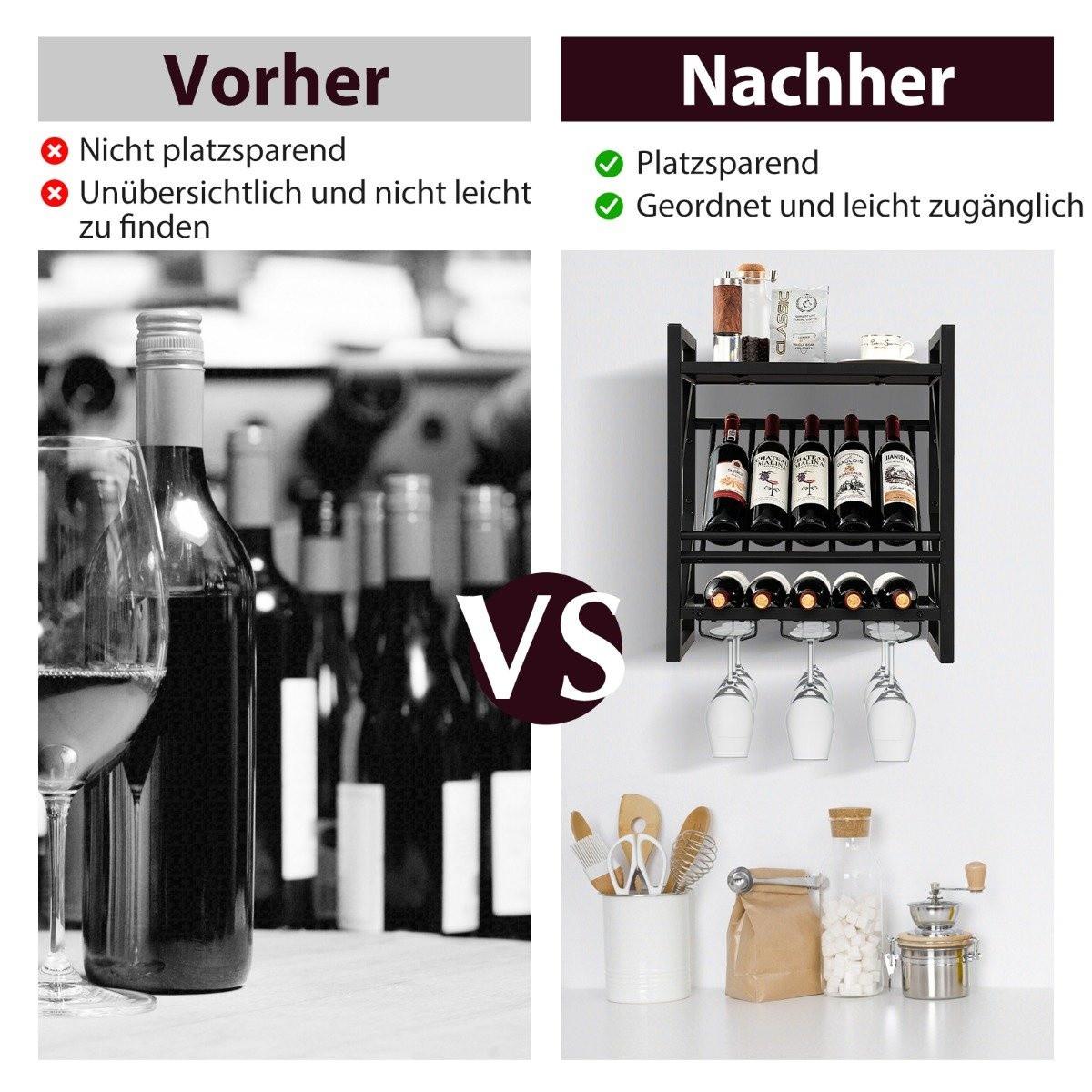 Northio Wandmontierter Weinregal mit 2 Ebenen Weinflaschenregal & 3 Reihen für Weinglashalter platzsparendes Wand Weinregal