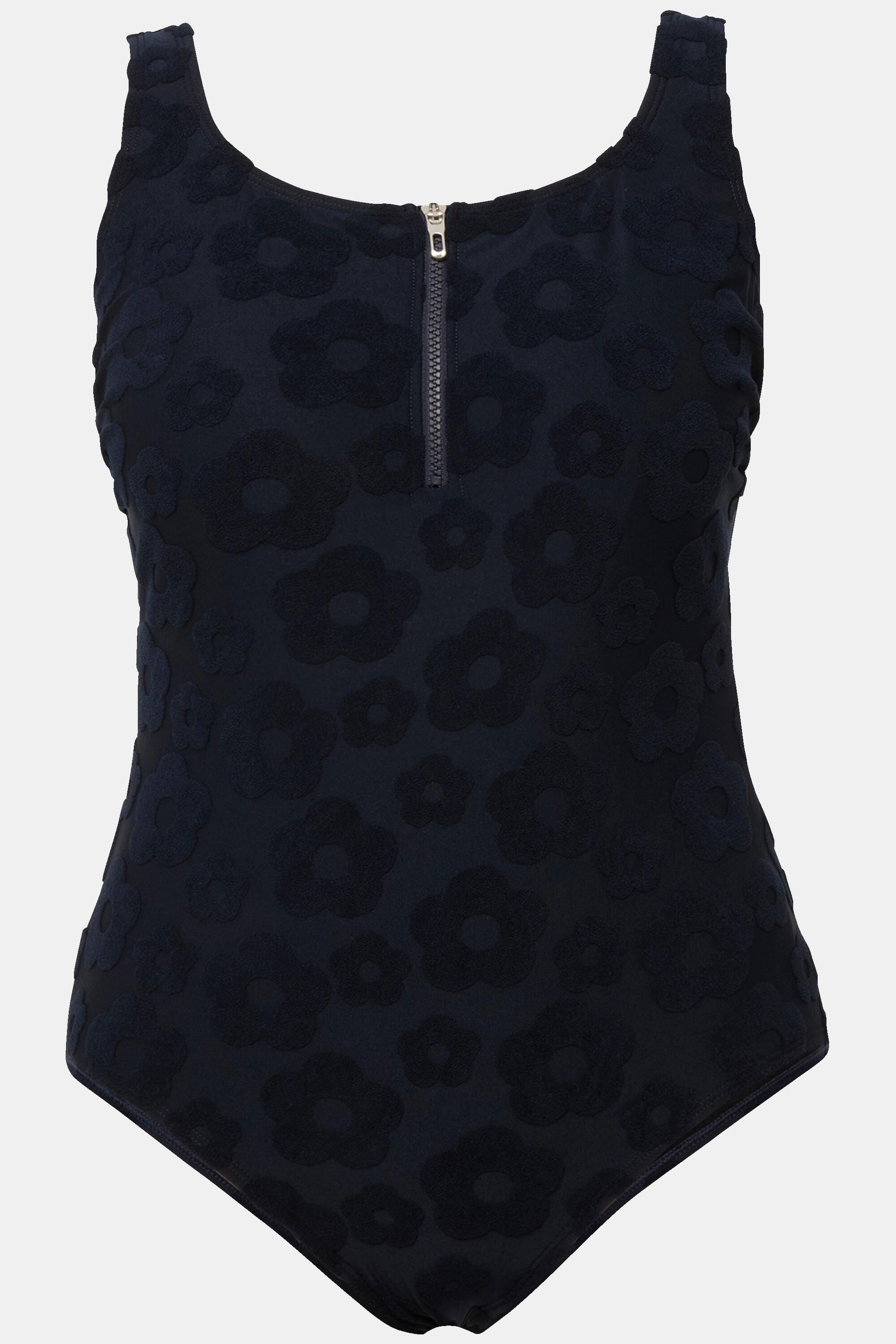 Ulla Popken Badeanzug, Blumen-Struktur, Zipper, ohne Softcups