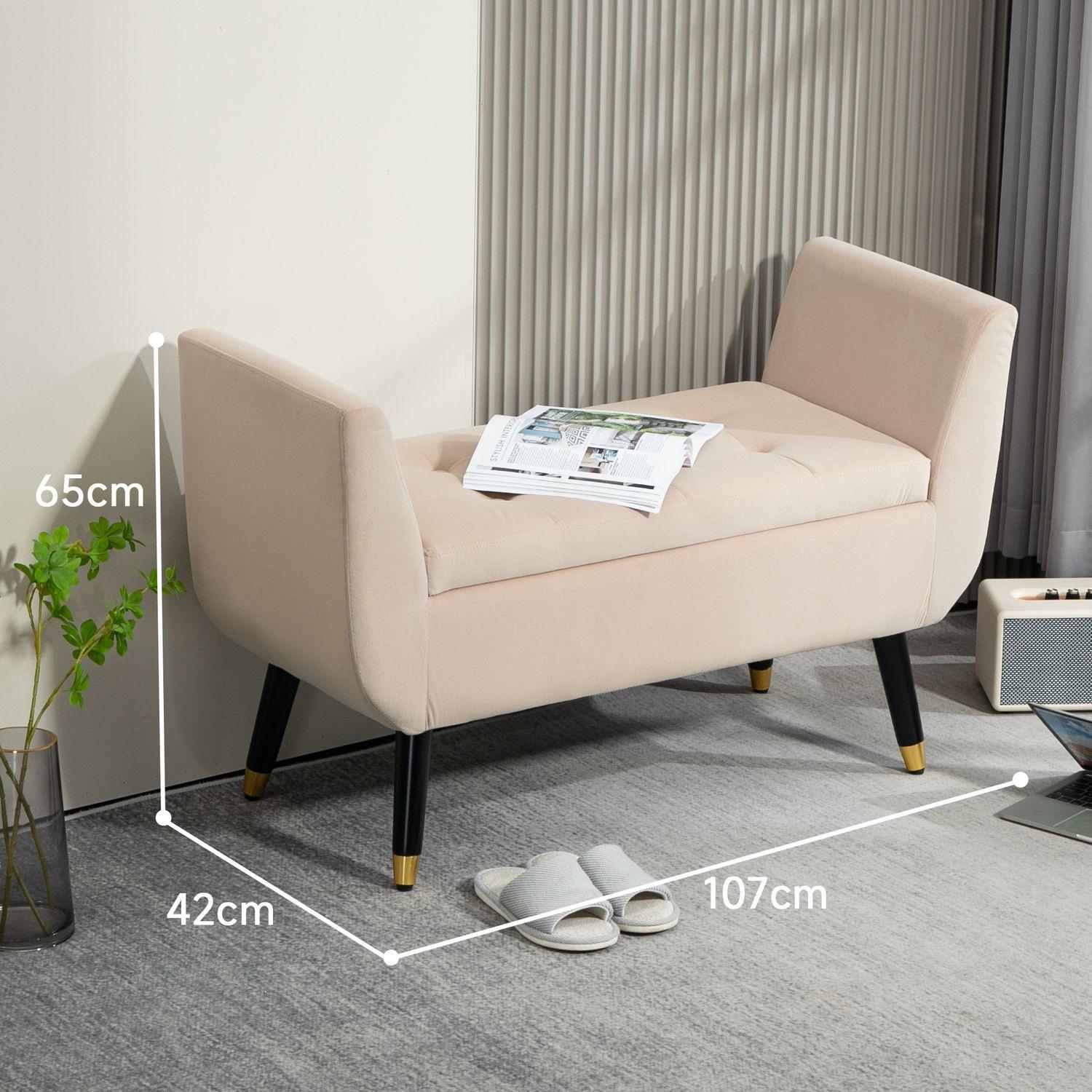 Northio Luxus Sitzbank Polsterbank mit Stauraum Armlehnen Truhenbank Samtartiges Polyester Gummiholz Beige 107 x 42 x 65 cm