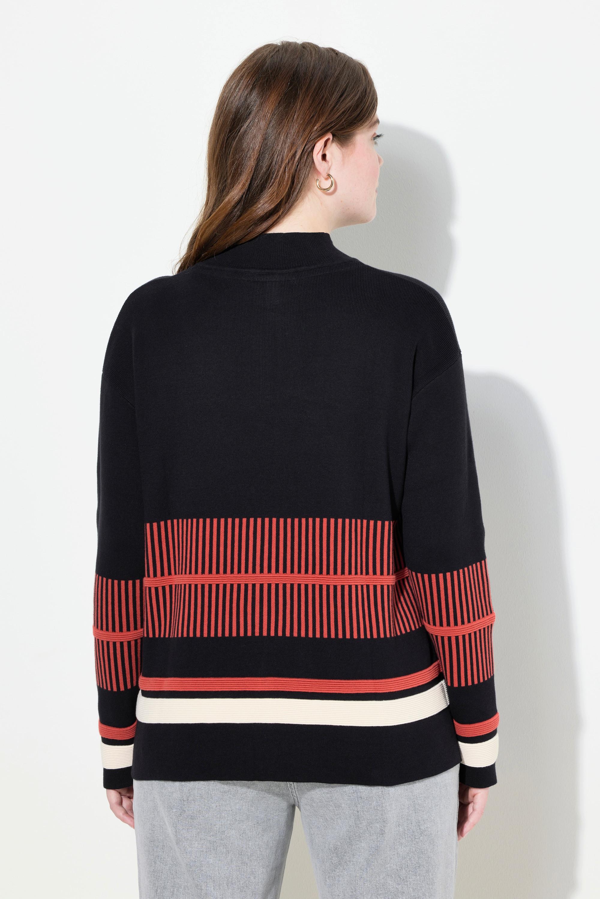 Ulla Popken Pullover, Streifen, Stehkragen, Langarm, Biobaumwolle