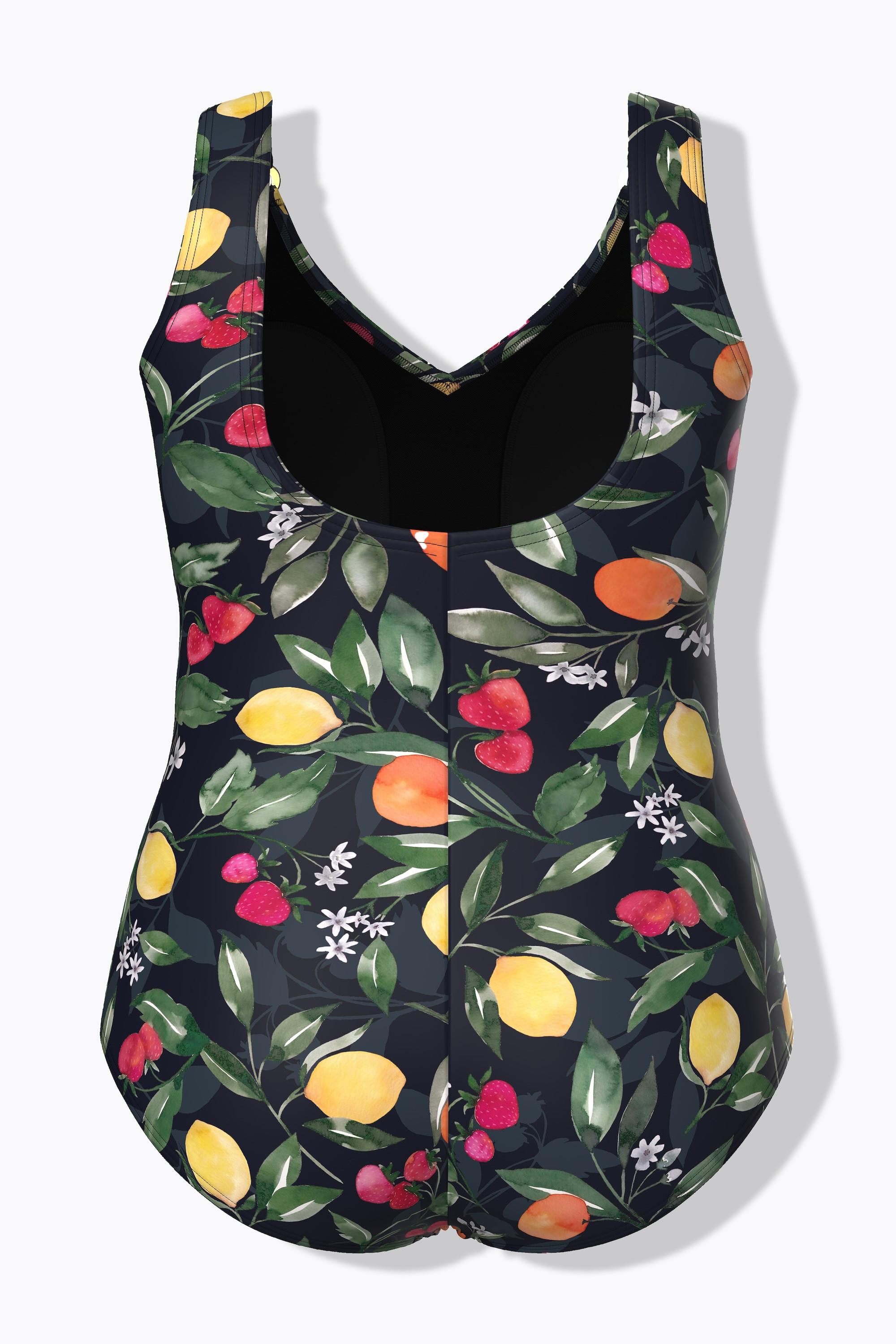 Ulla Popken Badeanzug, Früchte, Raffung, Softcups, recycelt