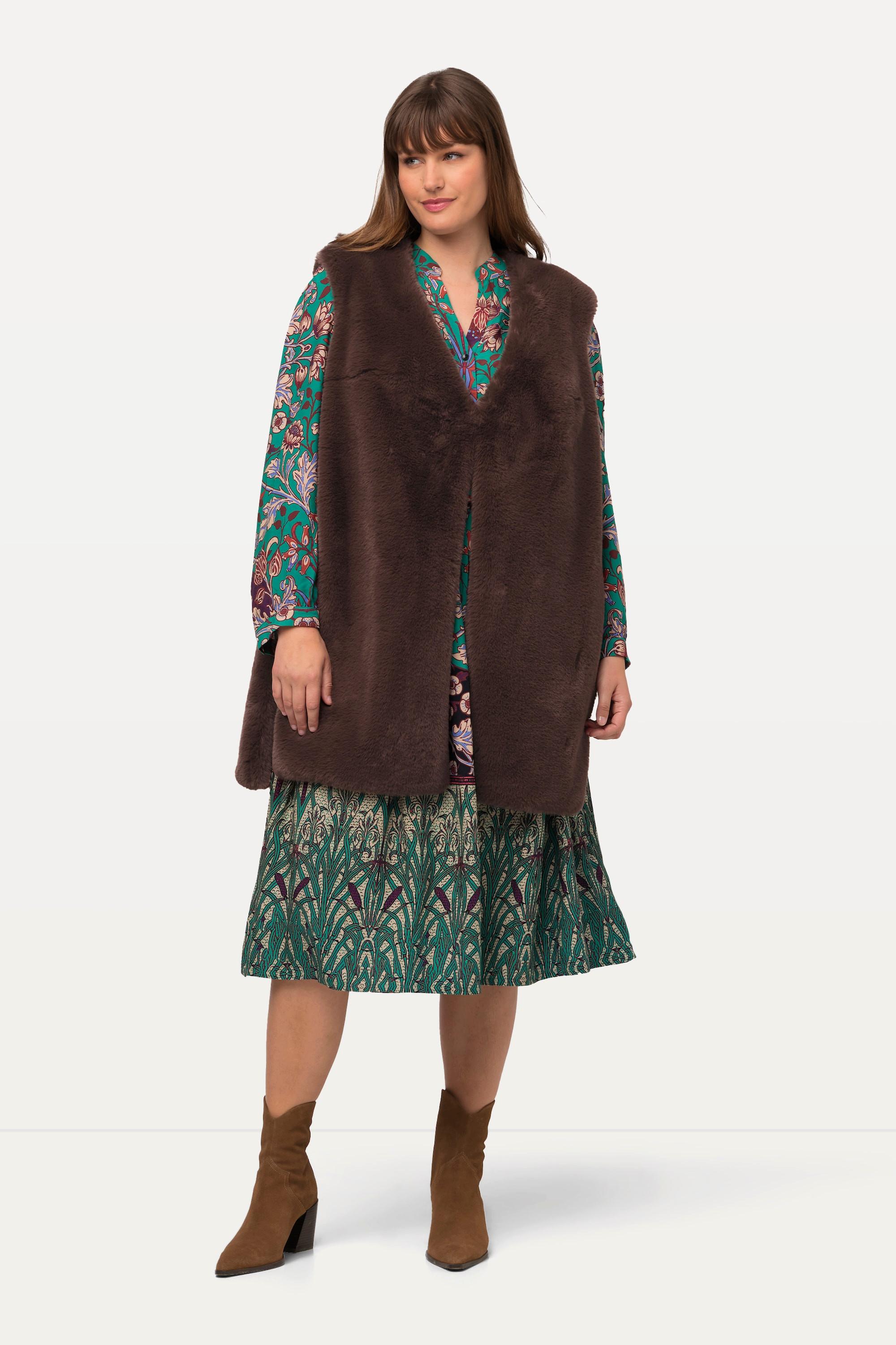 Ulla Popken Webpelz-Weste, V-Ausschnitt, Hakenverschluss, ärmellos