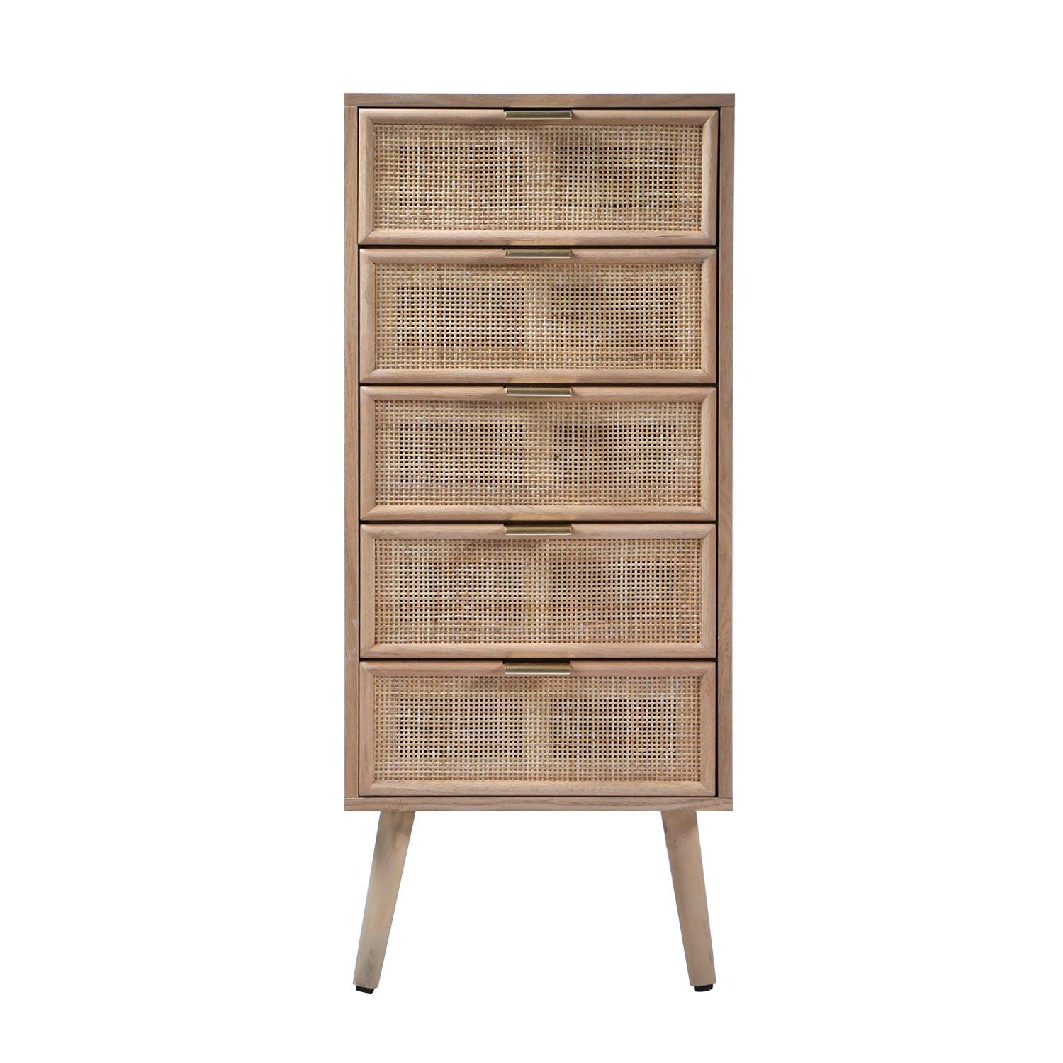 Calicosy Kommode mit 5 Schubladen und Fronten aus natürlichem Rattan - H100,5 cm - MIYA