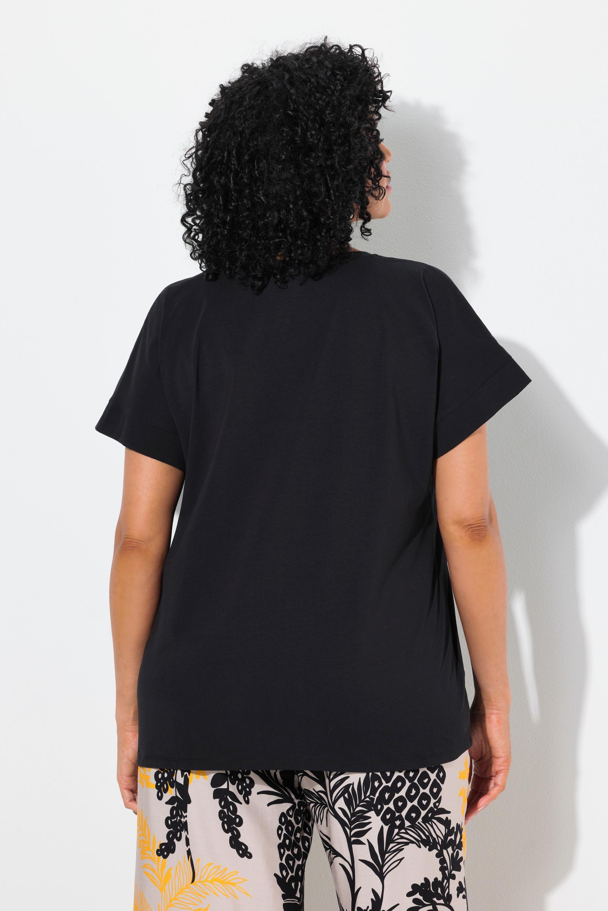 Ulla Popken Oversized Rundhals Halbarm T-Shirt mit Zierstein-Ananas