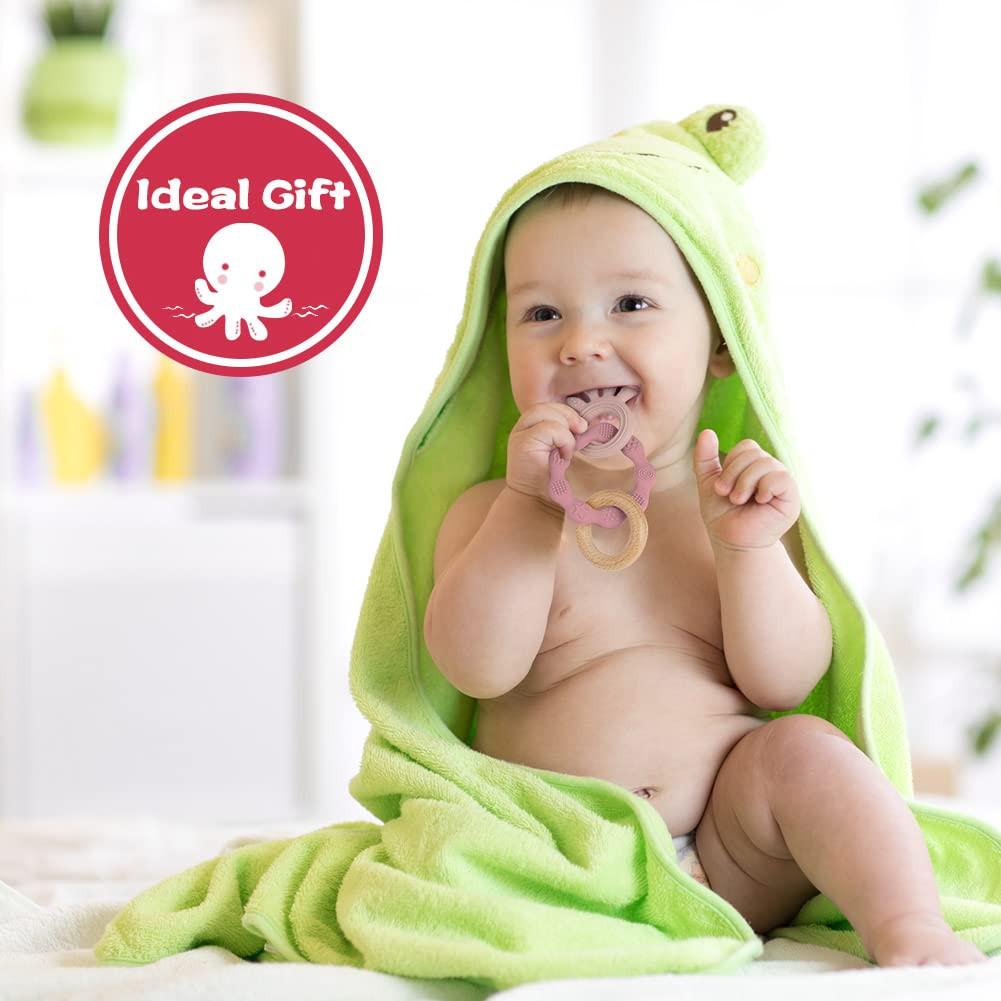 Activity-board Beißring für Babys, Beißring-Spielzeug aus Silikon und Holzringen, Baby-Beißhilfe BPA-frei, schmerzlinderndes Beißzubehör