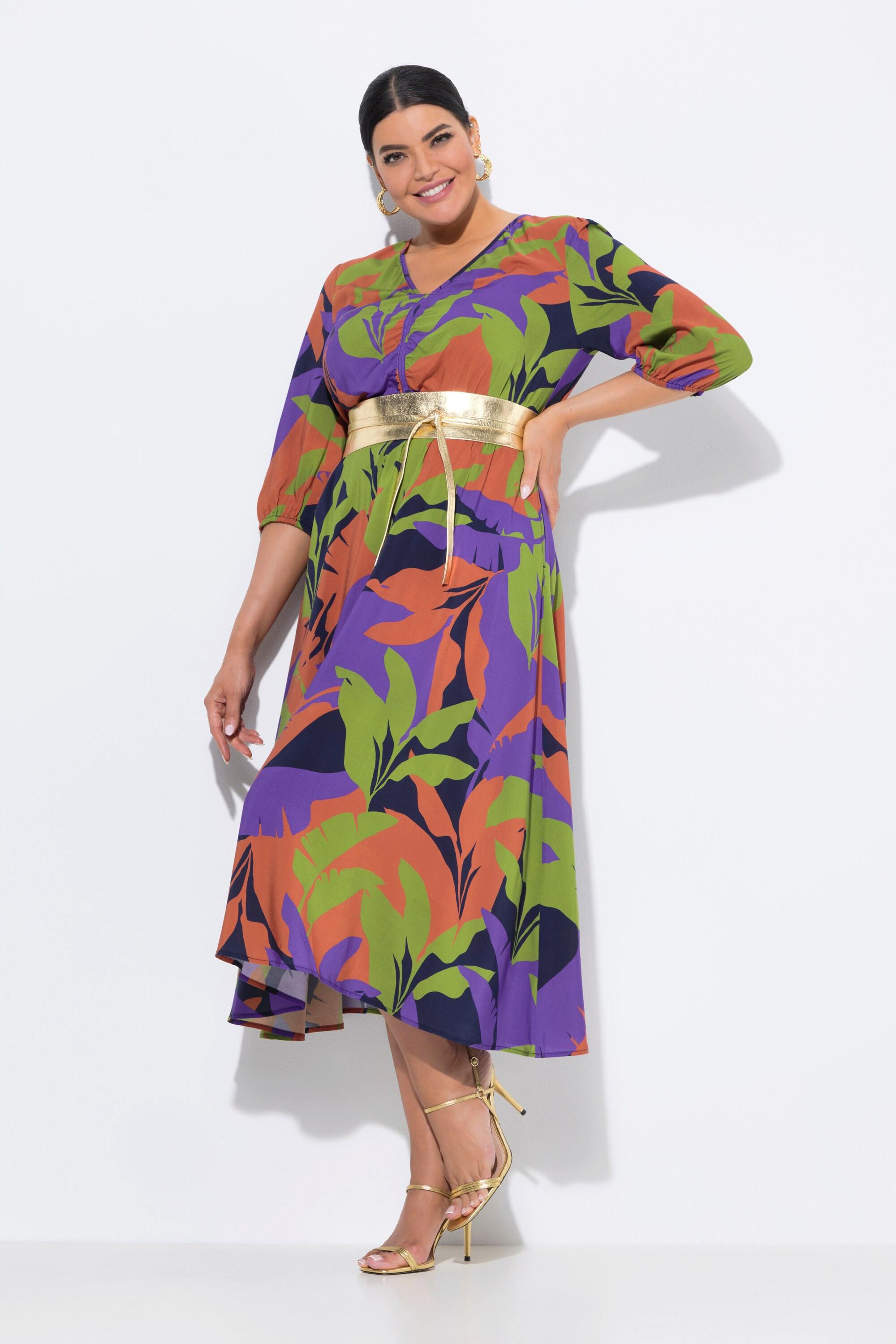 Ulla Popken Midikleid Blätter A-Linie V-Ausschnitt 3/4-Arm