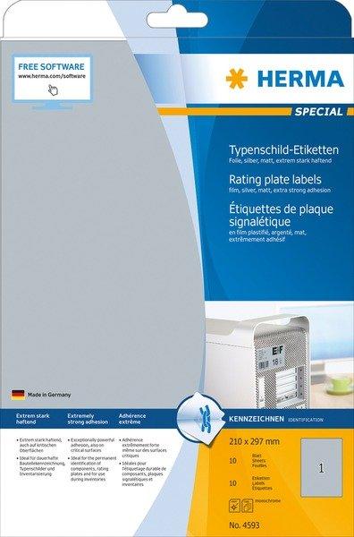 HERMA HERMA Typenschild-Etik. 210x297mm 4593 silber,PP matt 10 Stk./10 Bl.