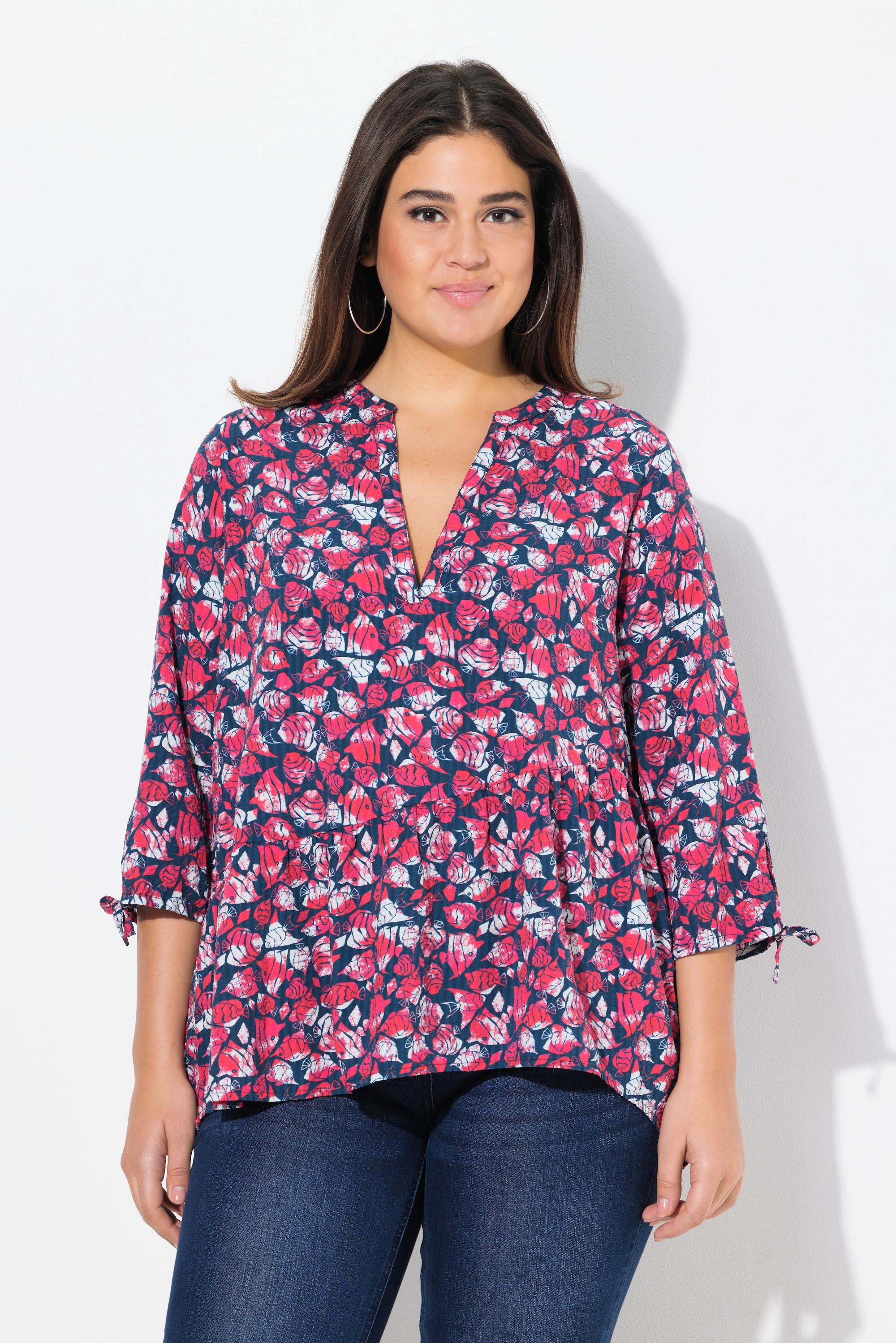 Ulla Popken Bluse, Fische, A-Linie, V-Ausschnitt, 3/4-Arm