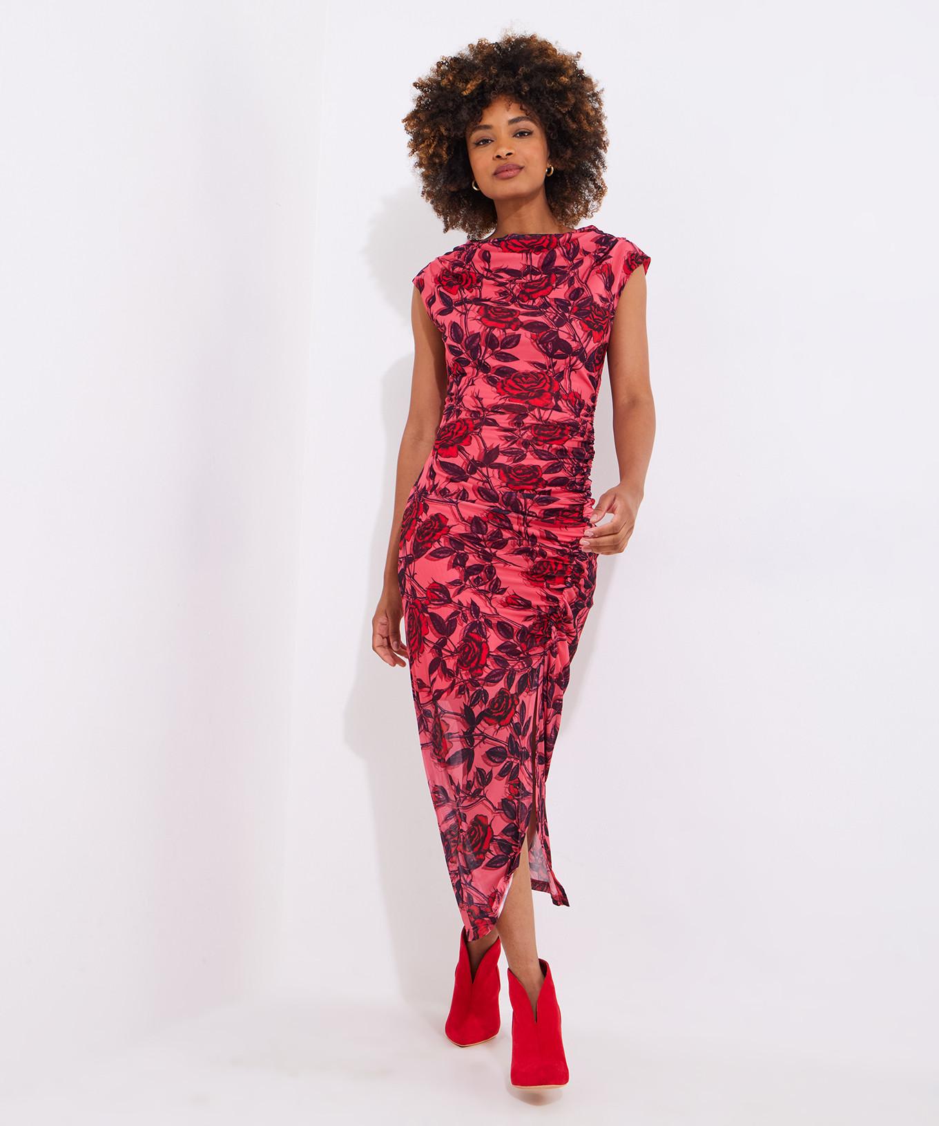 Joe Browns Gerafftes Midikleid aus Mesh mit Blumenmuster