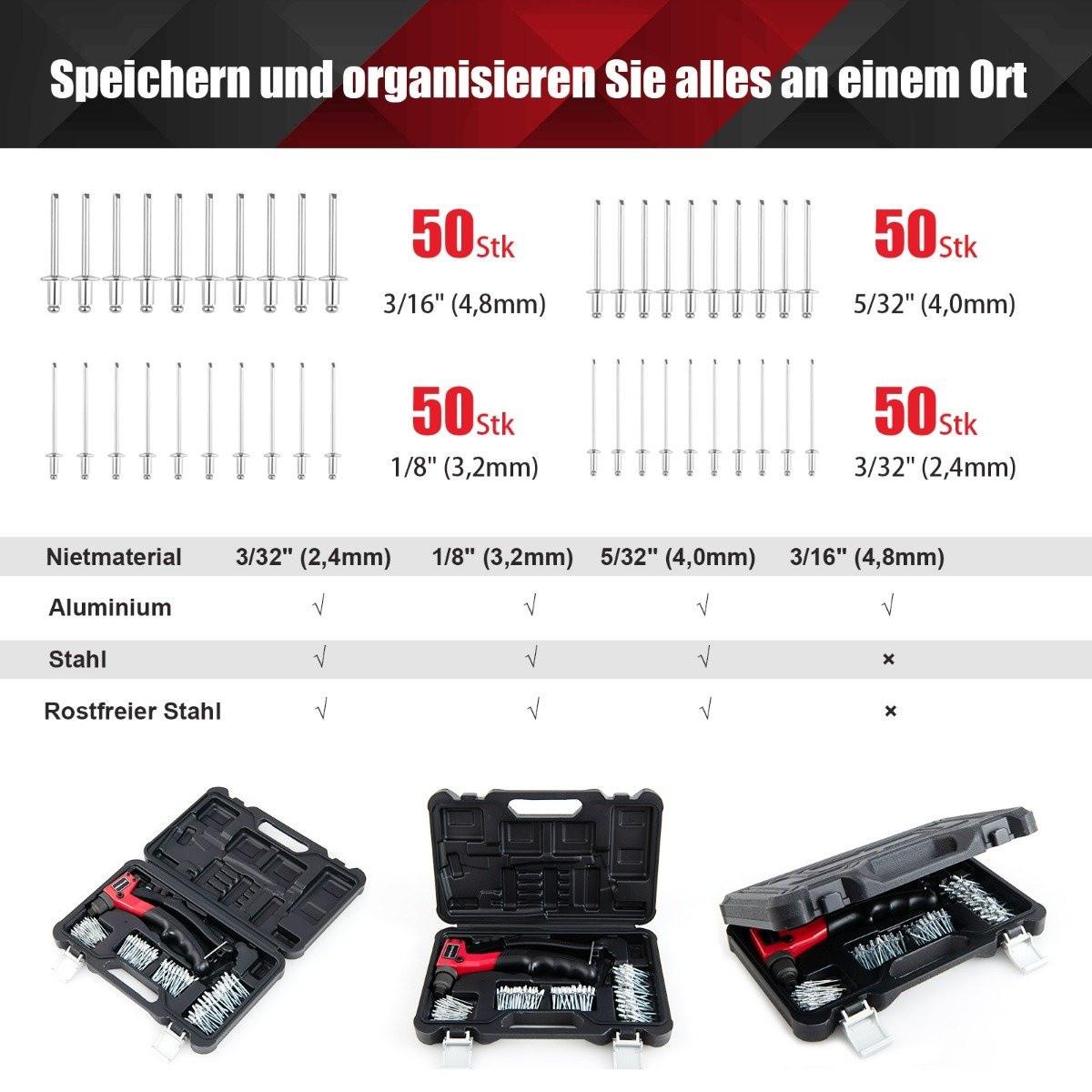 Northix Handnietzange Schwere Manuelle Nietpistole mit 200 Nieten Nietwerkzeugkit mit Tragetasche