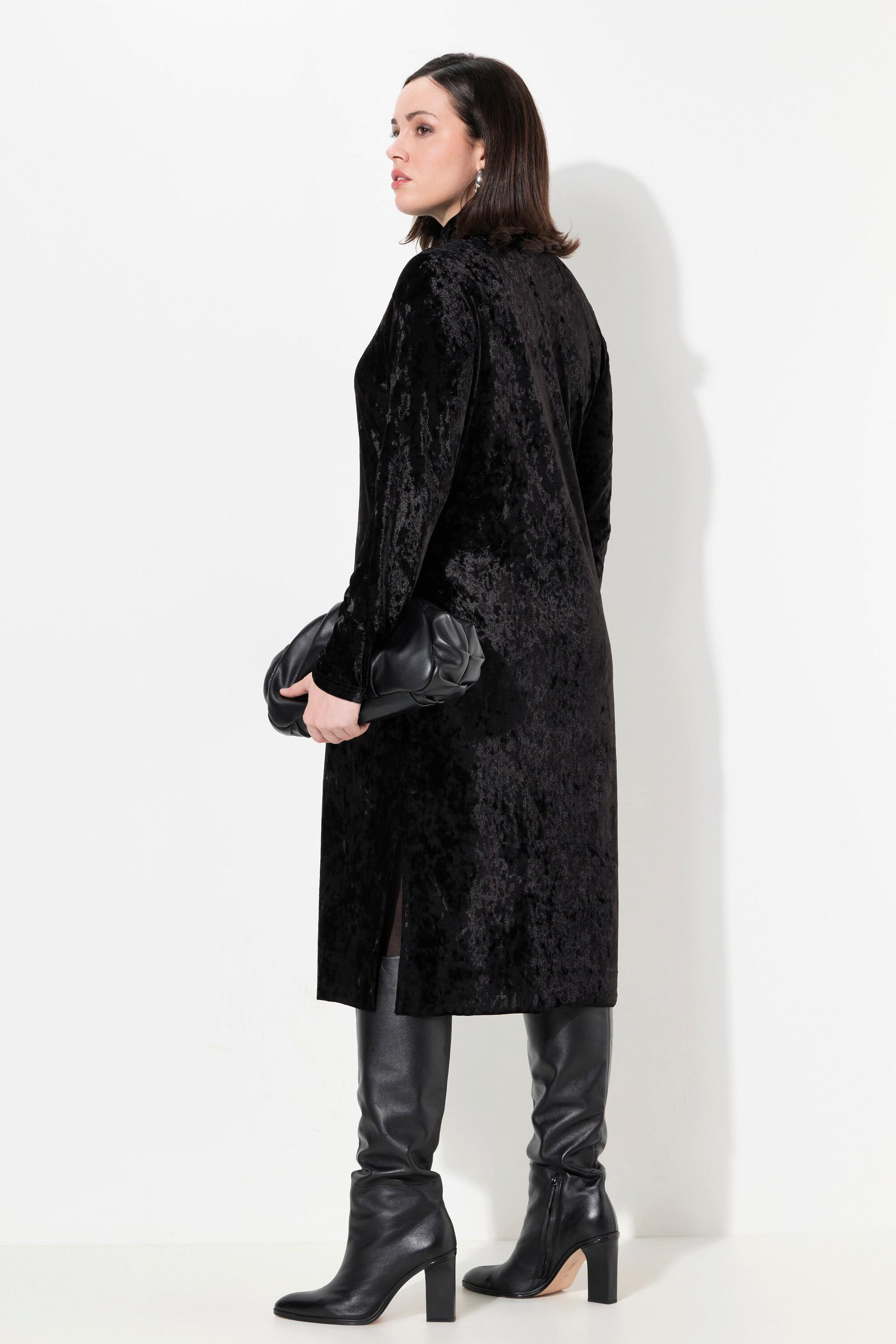 Ulla Popken Maxi Samtkleid Slim Fit mit Stehkragen Langarm