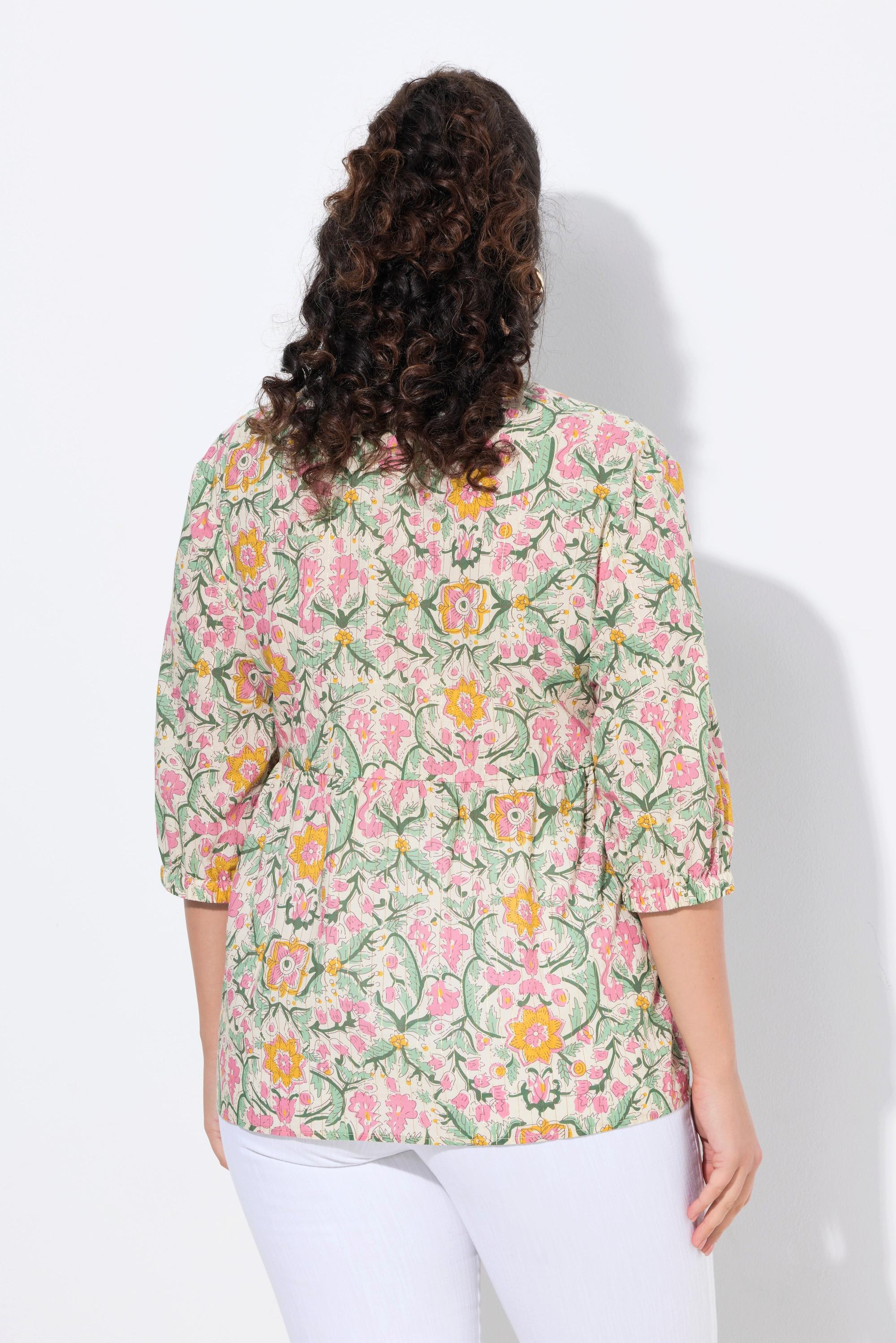 Ulla Popken Bluse, Blüten, A-Linie, V-Ausschnitt, 3/4-Arm