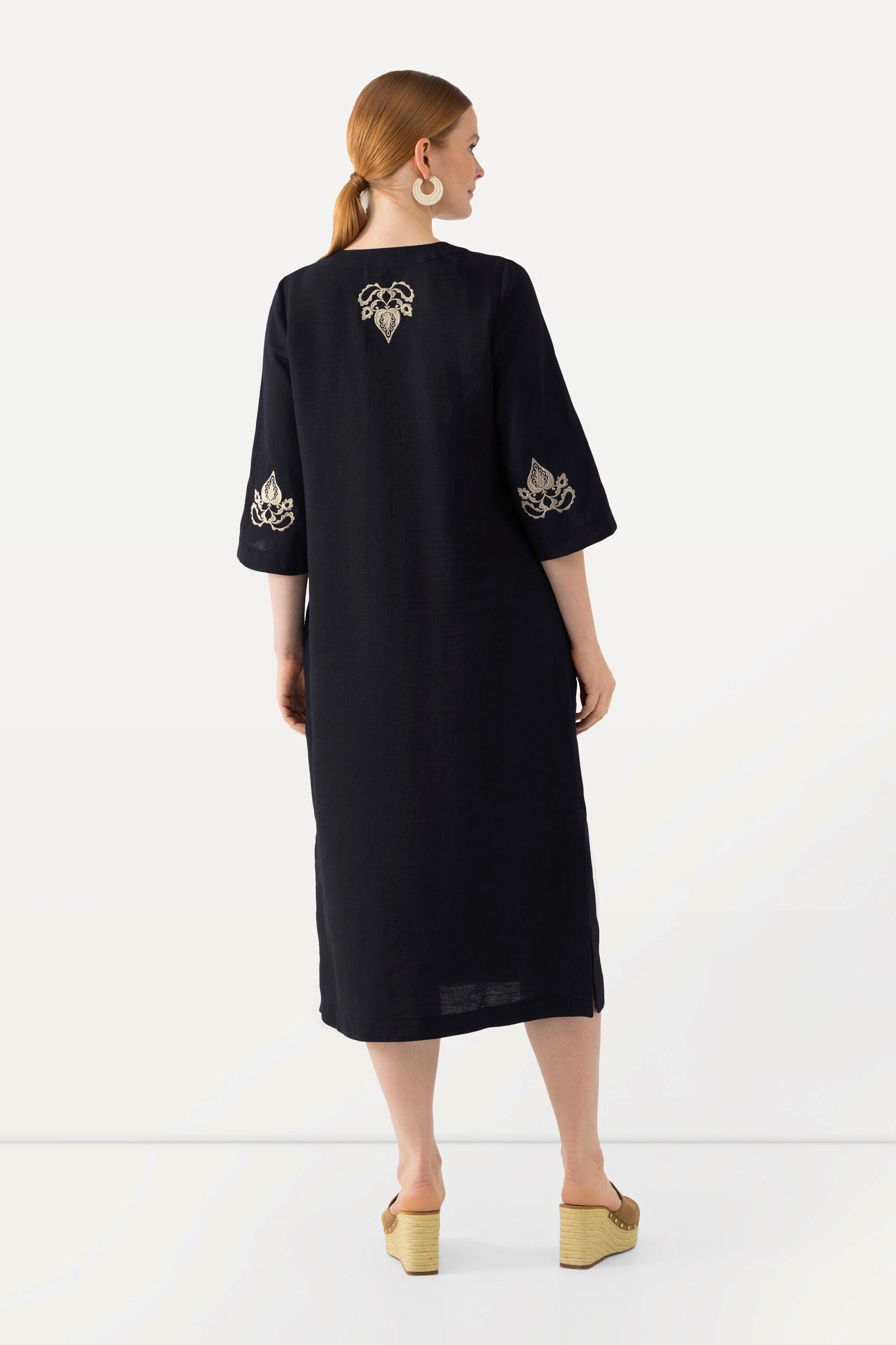 Ulla Popken Leinen Maxikleid Stickerei Tunika Ausschnitt 3/4 Arm