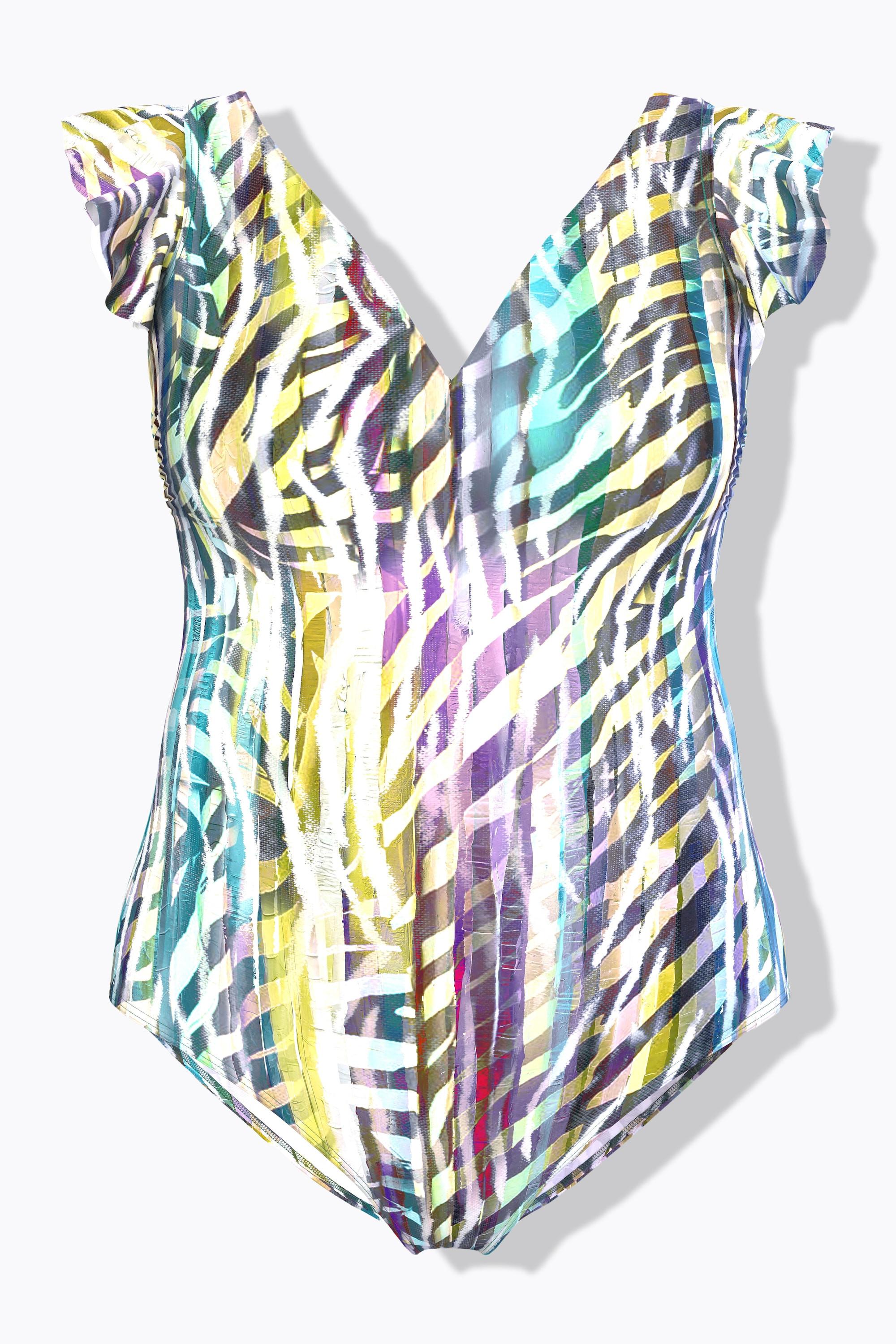 Ulla Popken Badeanzug, Animal-Streifen, Softcups, Ärmelvolant