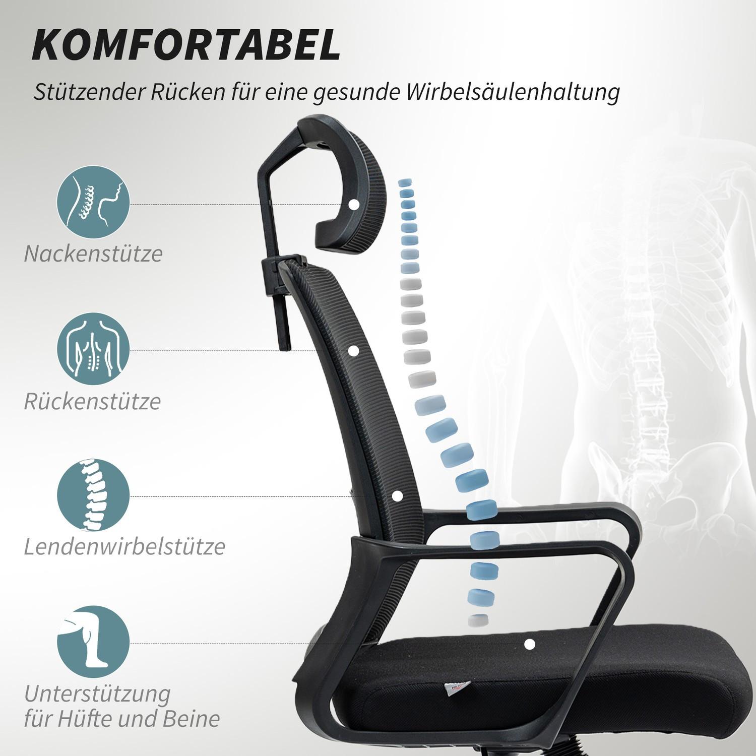 Northio Bürostuhl Ergonomischer Schreibtischstuhl mit Armlehne, Verstellbar Kopfstütze, Höhenverstellbarer Mesh Drehstuhl mit Wippfunktion, Schwarz