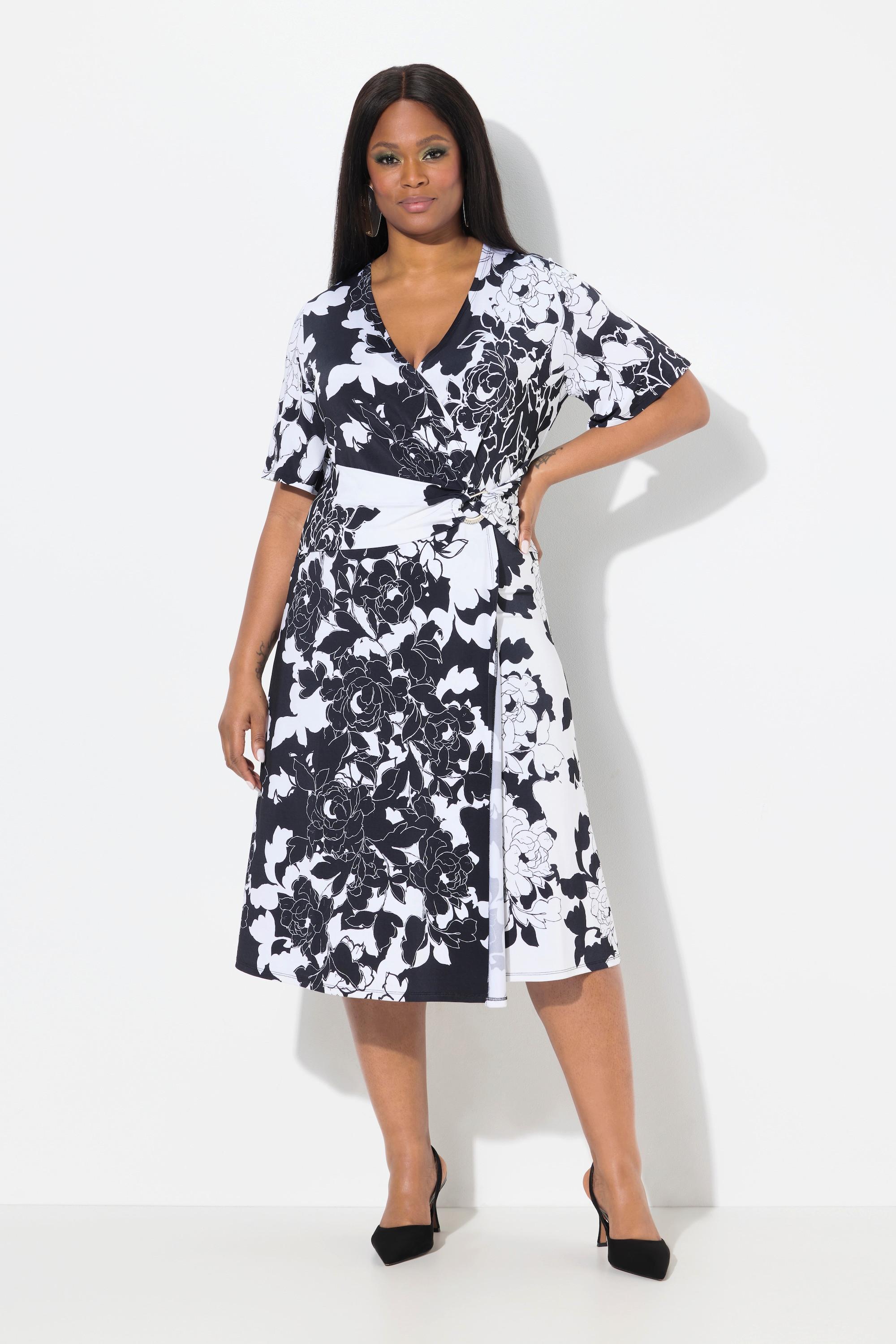 Ulla Popken Slinky Kleid Blüten Drapierung V-Ausschnitt Halbarm