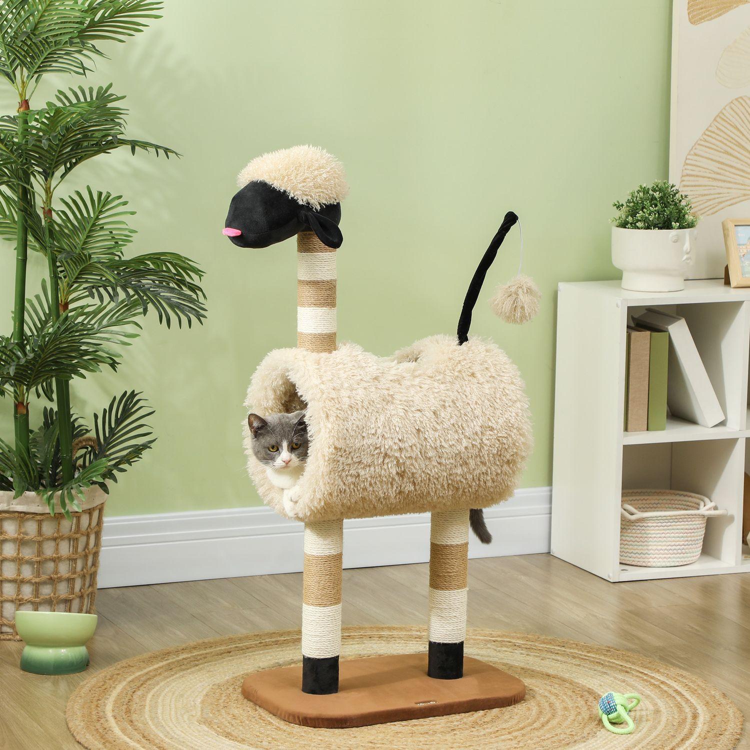 Northio Kratzbaum 98 cm Katzenbaum mit Kratzpfosten, Tunnel, Spielball, Katzenkratzbaum im Schaf-Design, für Katzen bis 5 kg, Hellbraun