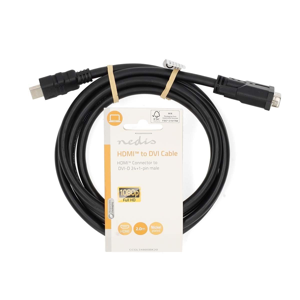 Nedis HDMI™ Kabel | HDMI™ Kontakt | DVI-D 24+1-Pin Hane | 1080p | Vernickelt | 2,00 m | Rak | PVC | Svart | Label