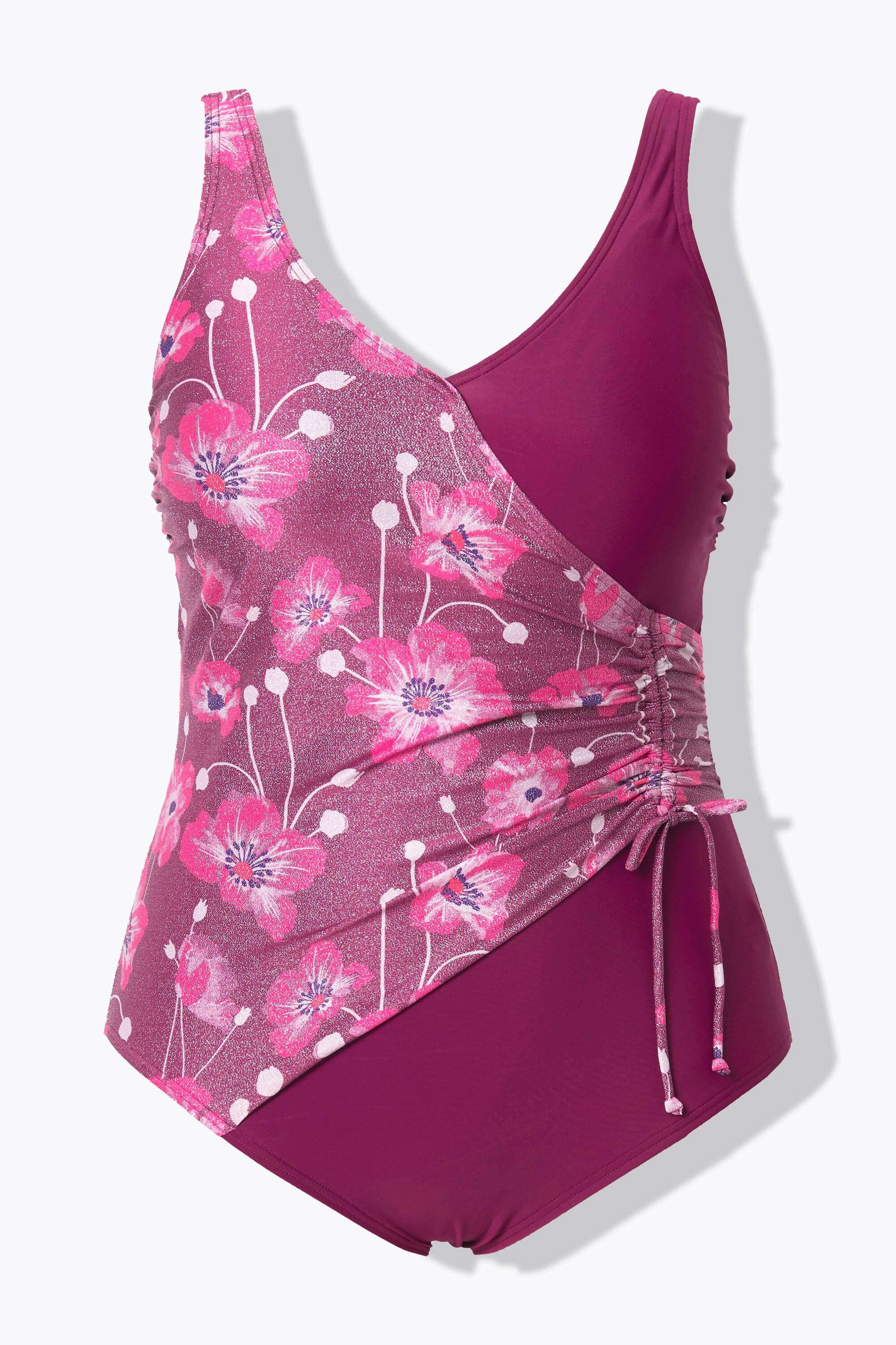 Ulla Popken Badeanzug, Glitzerblüten, Wickeloptik, Softcups, recycelt