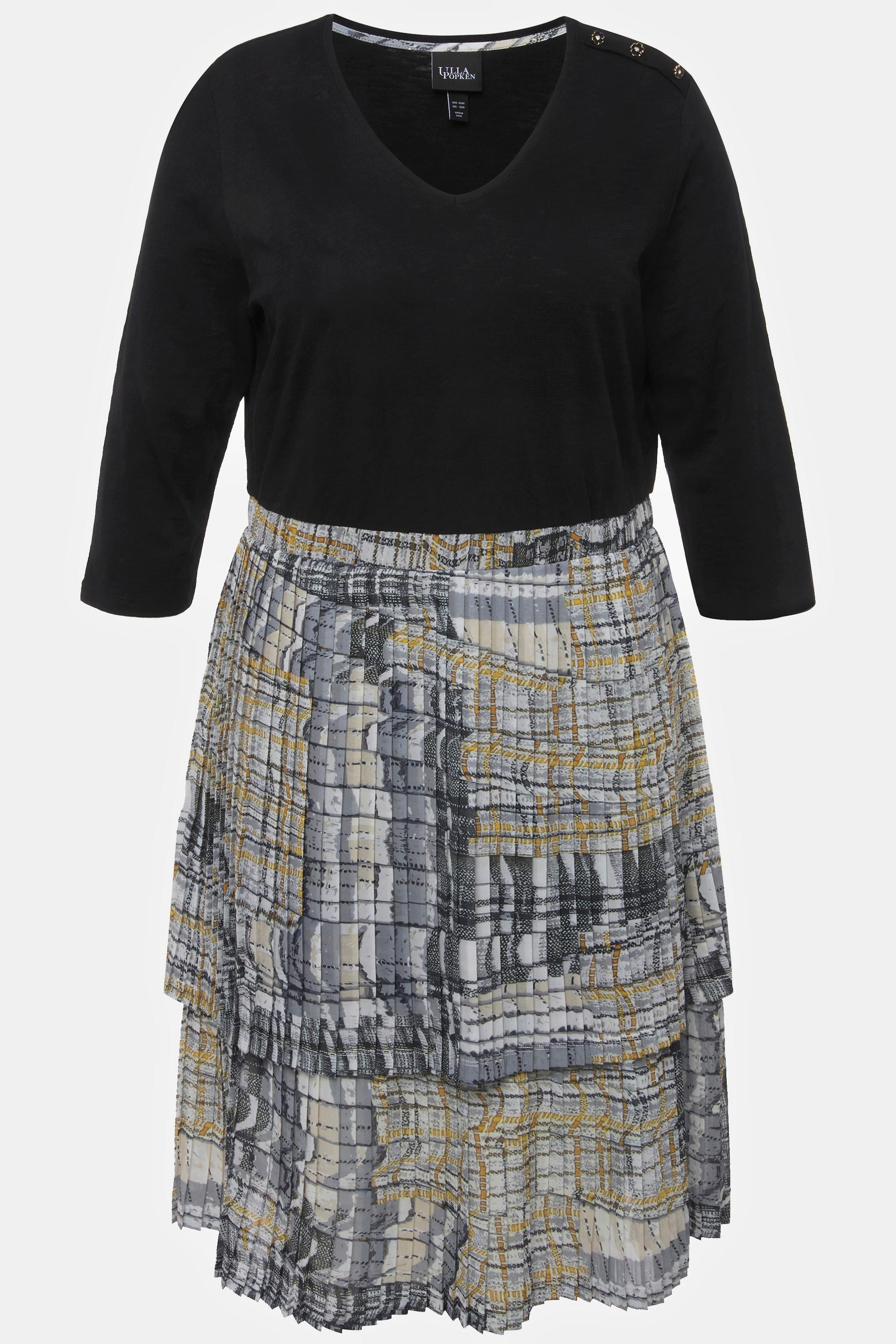 Ulla Popken Jerseykleid Plisseerock A-Linie V-Ausschnitt 3/4-Arm