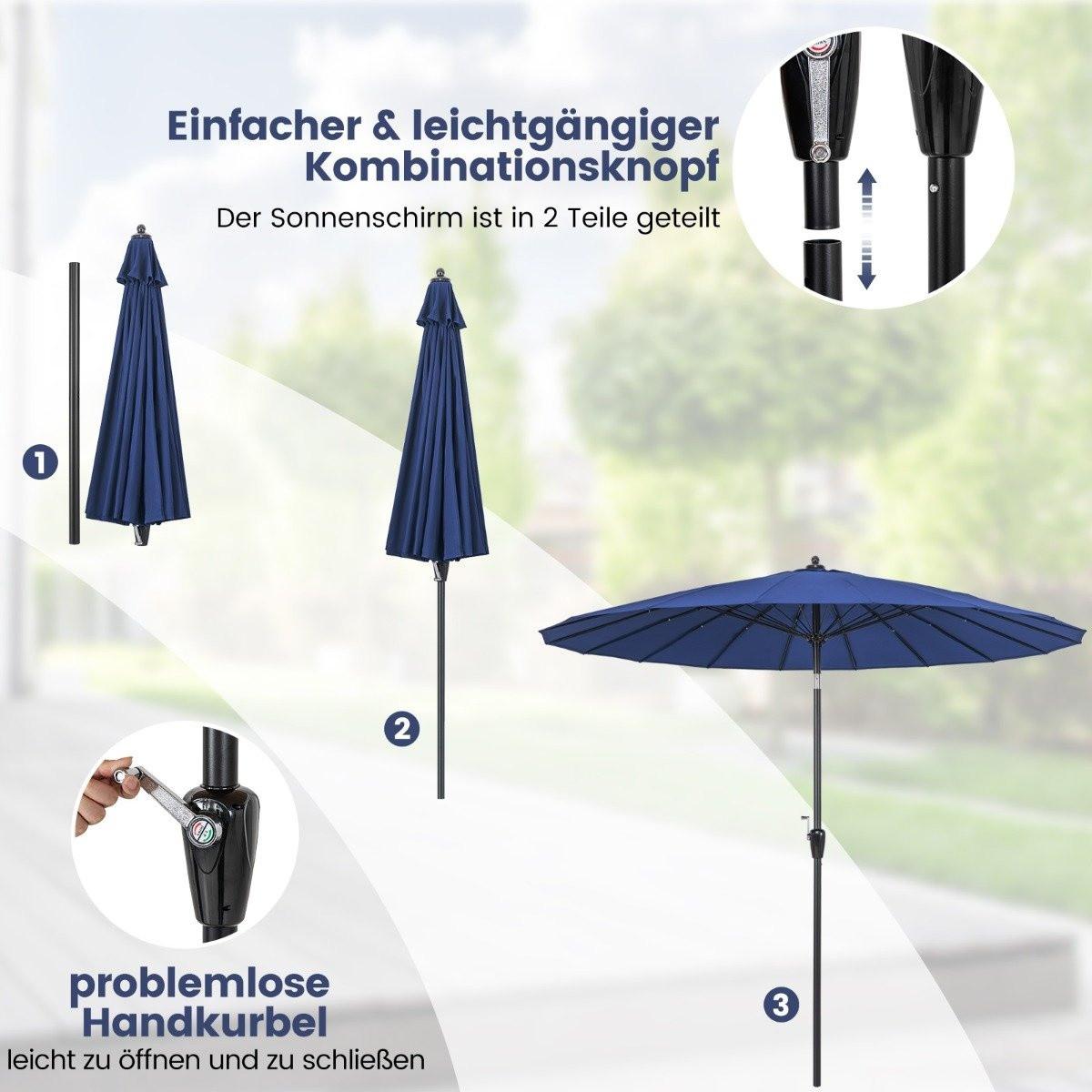 Northix Terrassenschirm mit 18 Glasfaserrippen & Neigung per Knopfdruck & Kurbel Tischschirm Marineblau