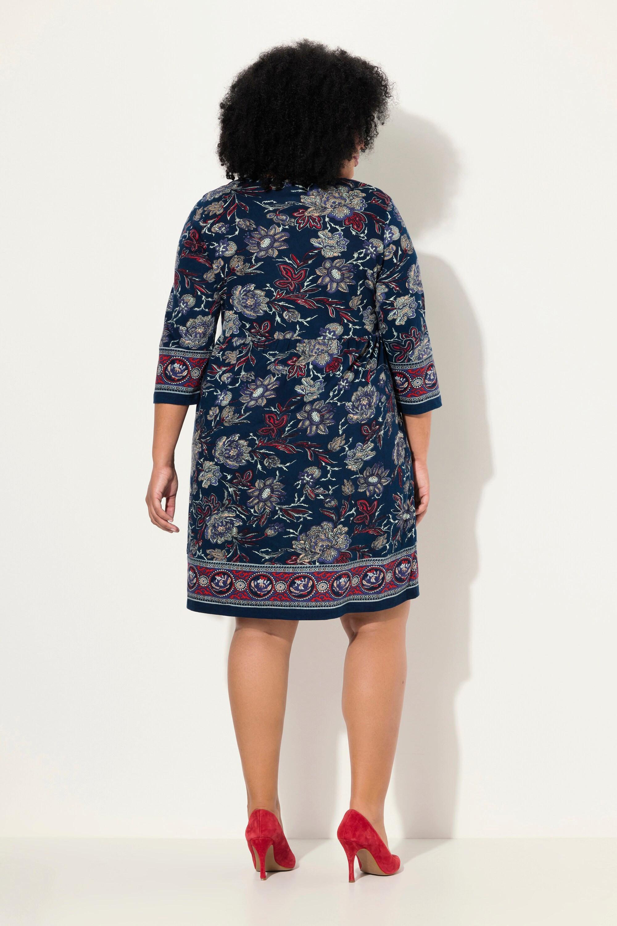 Ulla Popken Jerseykleid Blüten A-Linie V-Ausschnitt 3/4-Arm