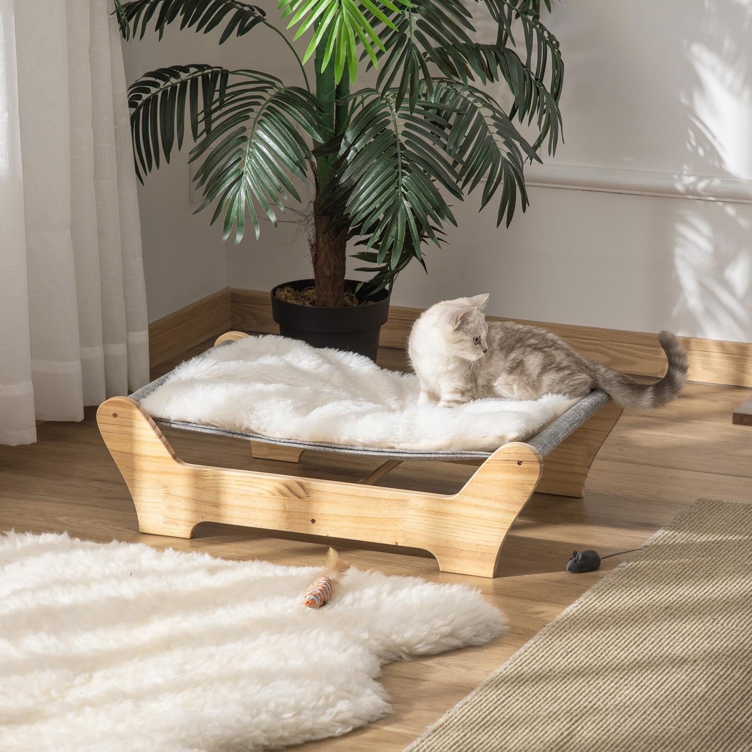 Northio Katzenbett Hängematte Mit Gestell Für Katzen, Erhöhtes Katzennest Mit Weichem Kissen, Kiefernholz, 68X43X20Cm