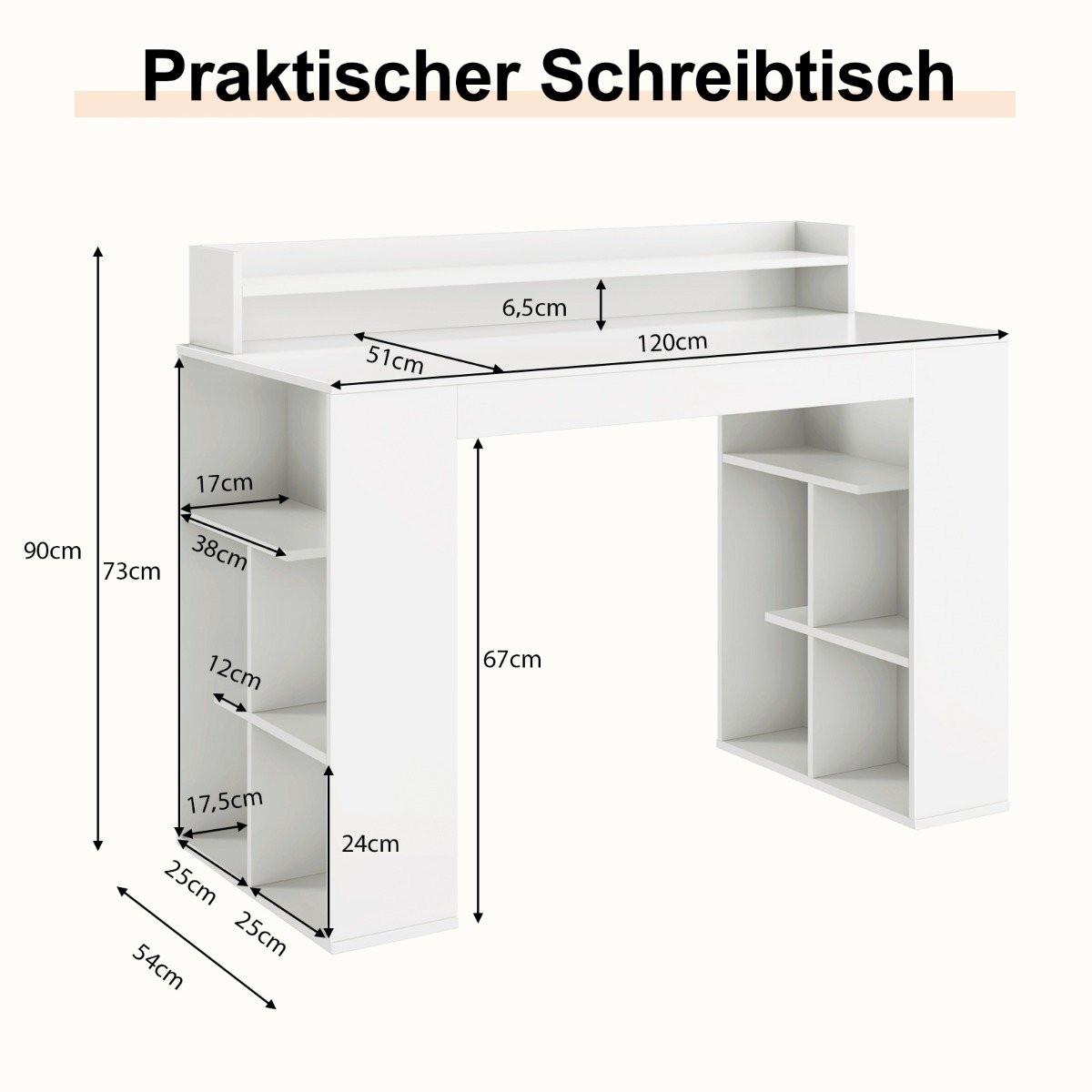 Northix Schreibtisch mit Monitorablage & 2 Bücherregalen Computertisch 120 x 54 x 90 cm Weiß