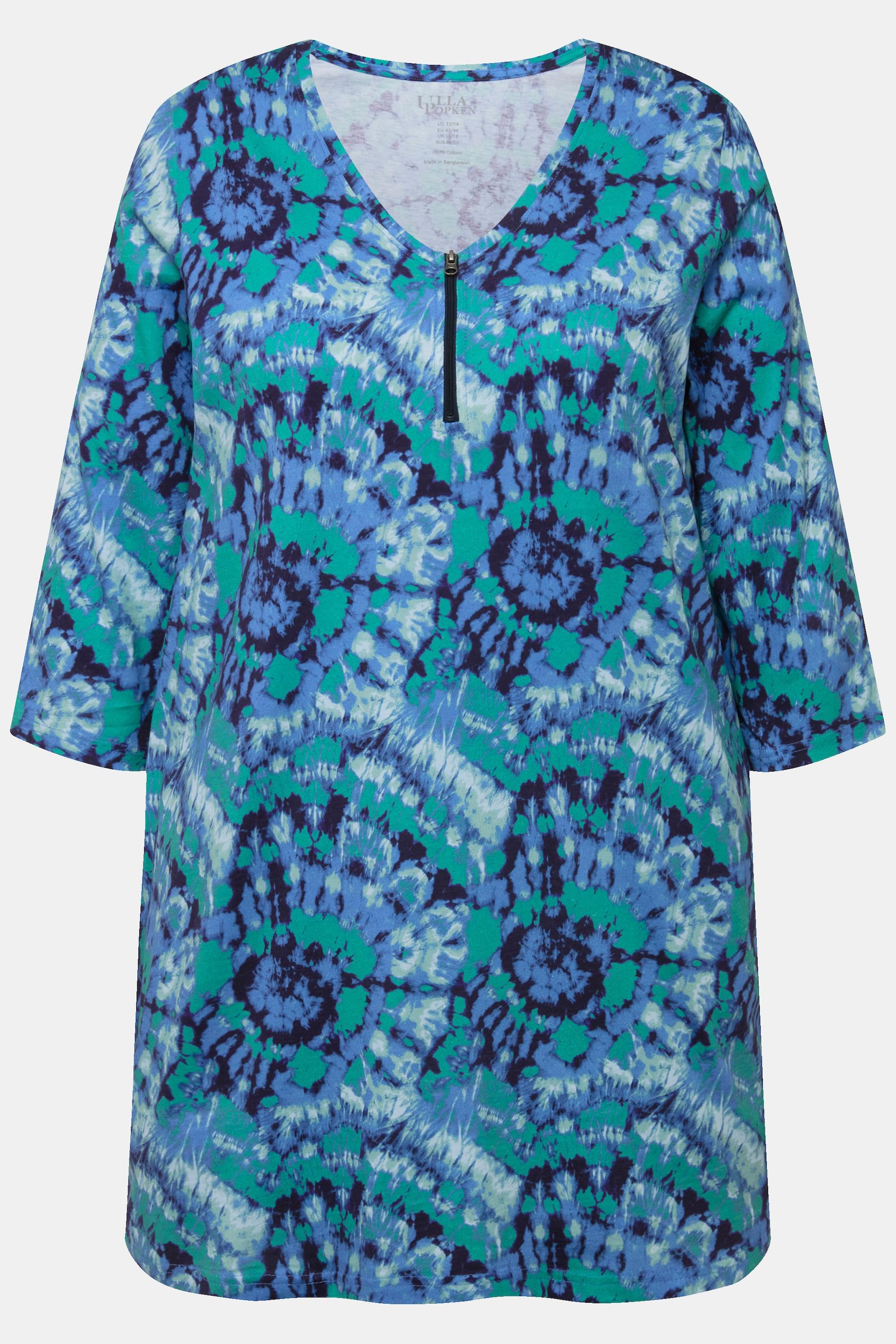 Ulla Popken Longshirt Batikmuster Zipper V-Ausschnitt 3/4-Arm