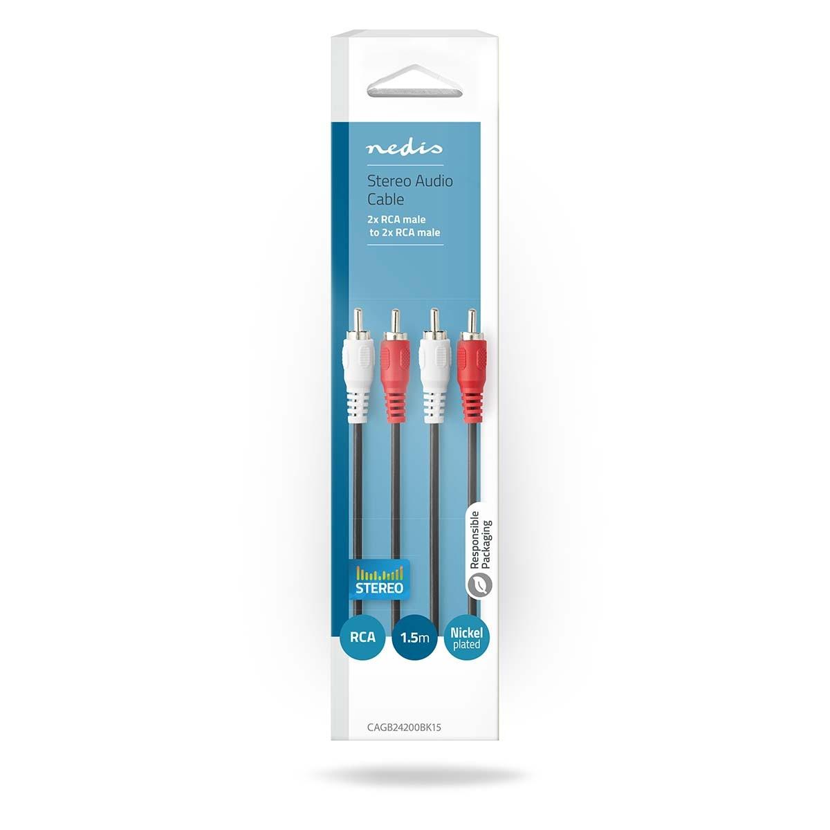 Nedis Stereo-Audiokabel | 2x RCA Hane | 2x RCA Hane | Nickelplaterad | 1,50 m | Rund | Svart | Låda