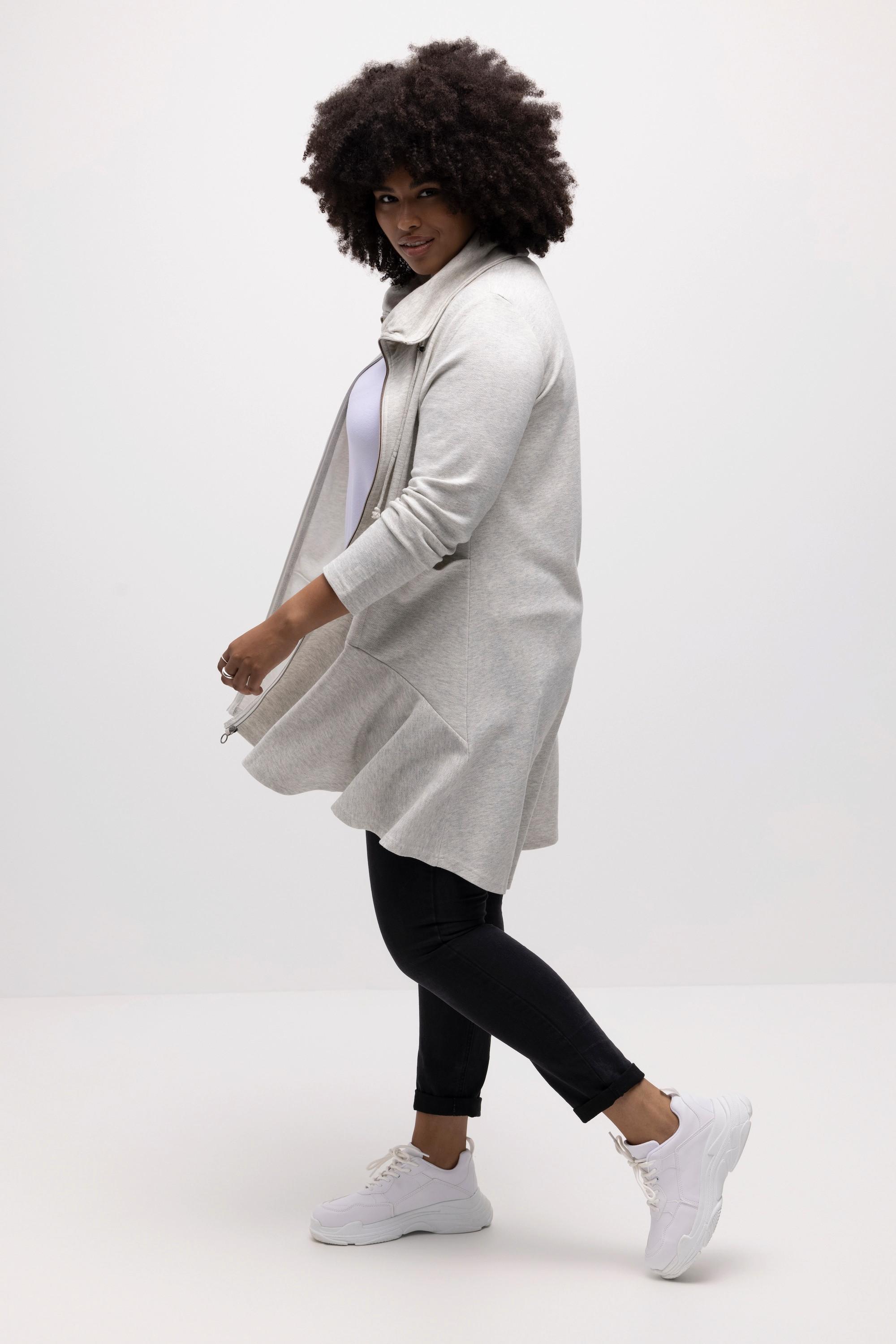 Ulla Popken Long-Sweatjacke, Fischgrat, Volantsaum, Stehkragen