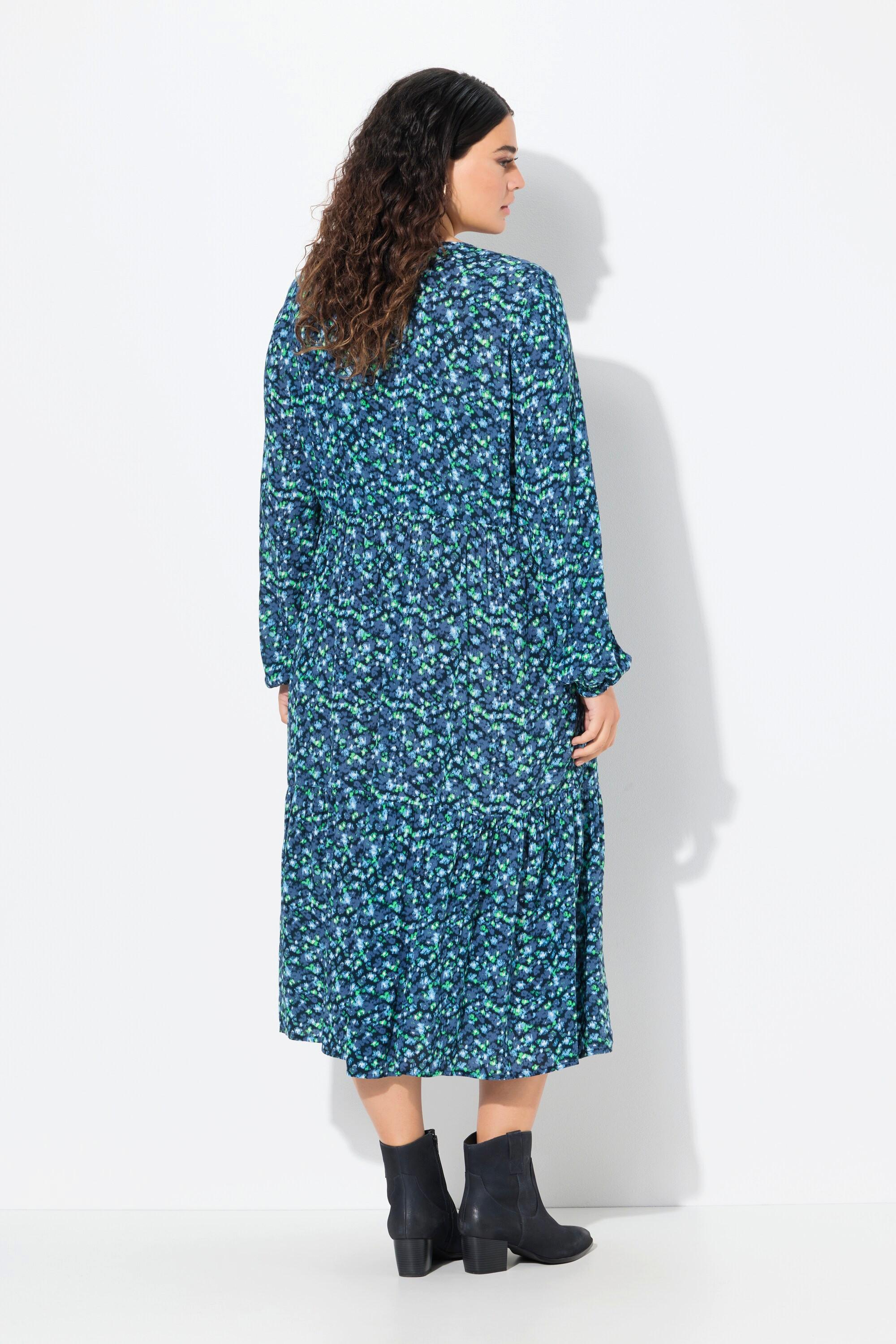 Ulla Popken Blüten A-Linie Rundhals Langarm Midikleid