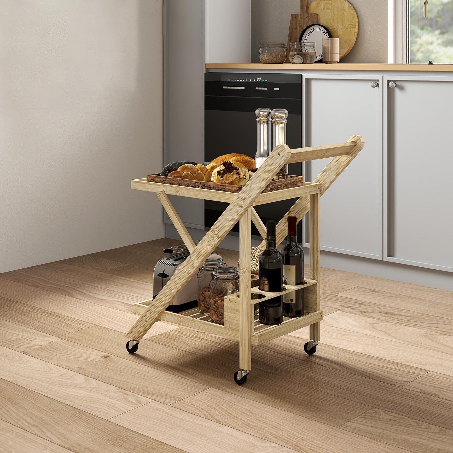 Northio Küchenwagen Servierwagen mit Weinregal, Arbeitsplatte, 2 Ebenen, Rollwagen für Büro, Küche, Wohnzimmer, 66 x 40 x 70 cm, Bambus, Natur Aosom