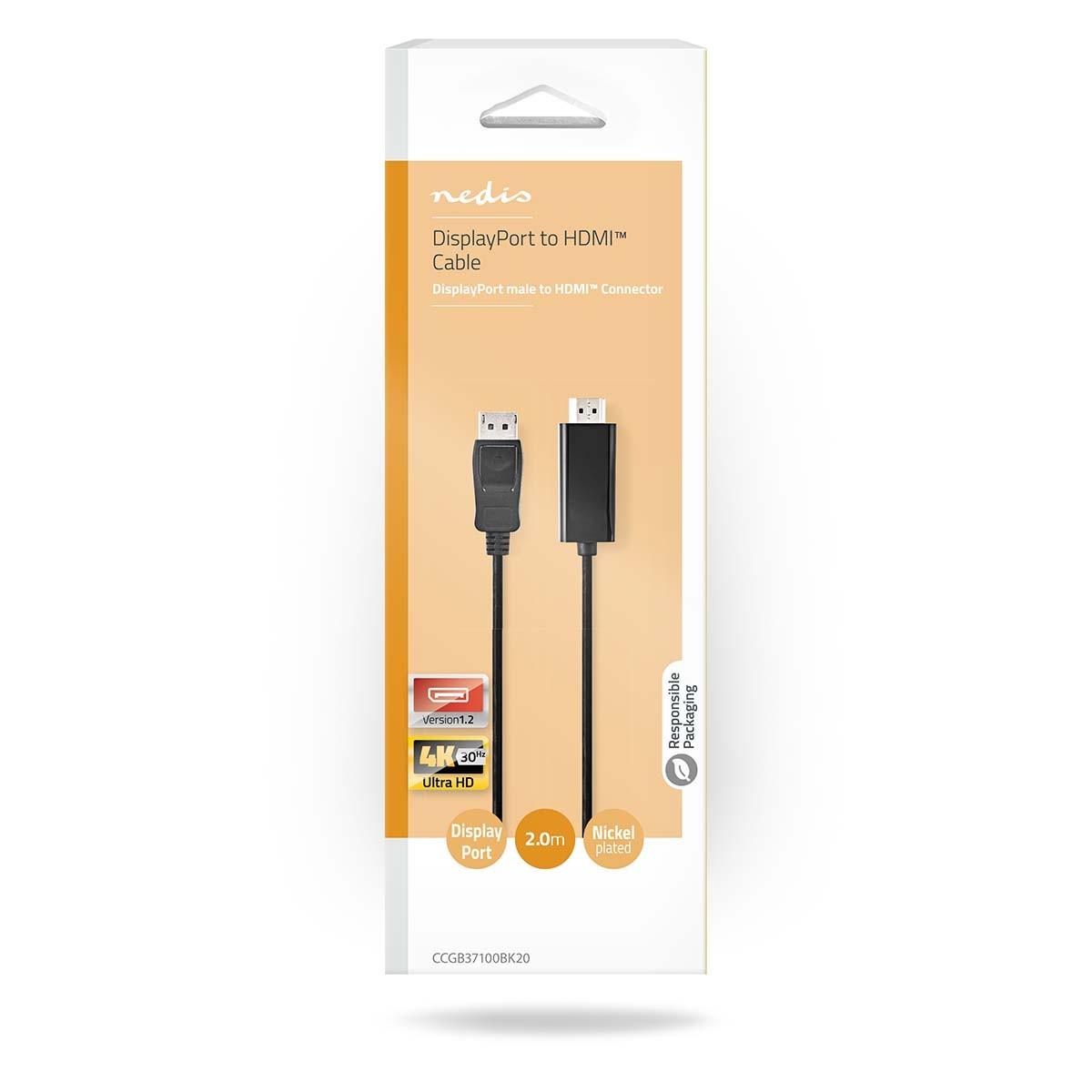 Nedis Displayport-Kabel | DisplayPort-Stecker | HDMI™-Anschluss | 4K@30Hz | Vernickelt | 2,00 m | Rund | PVC | Schwarz | Box