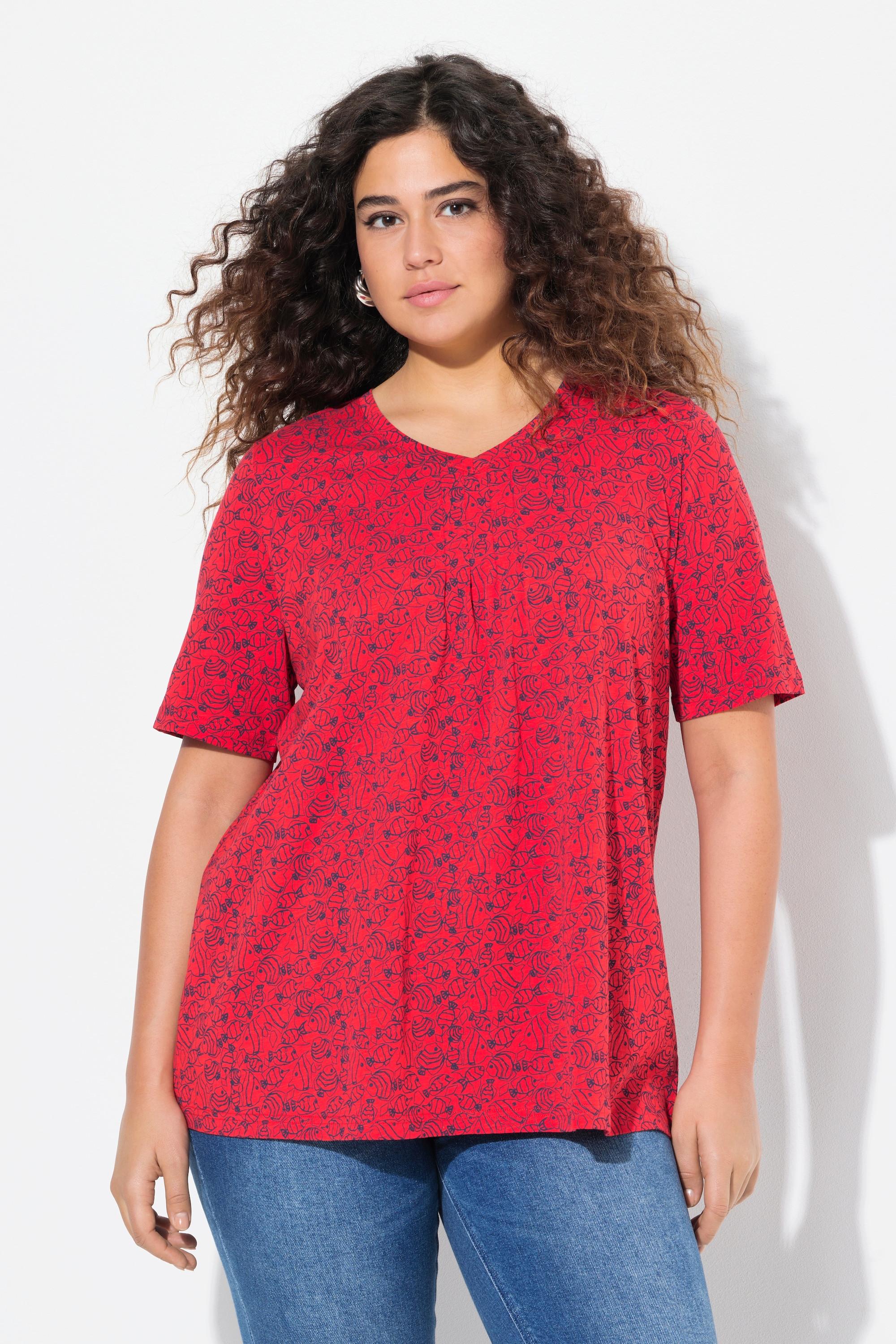 Ulla Popken Fische Zierfalten V-Ausschnitt Halbarm T-Shirt