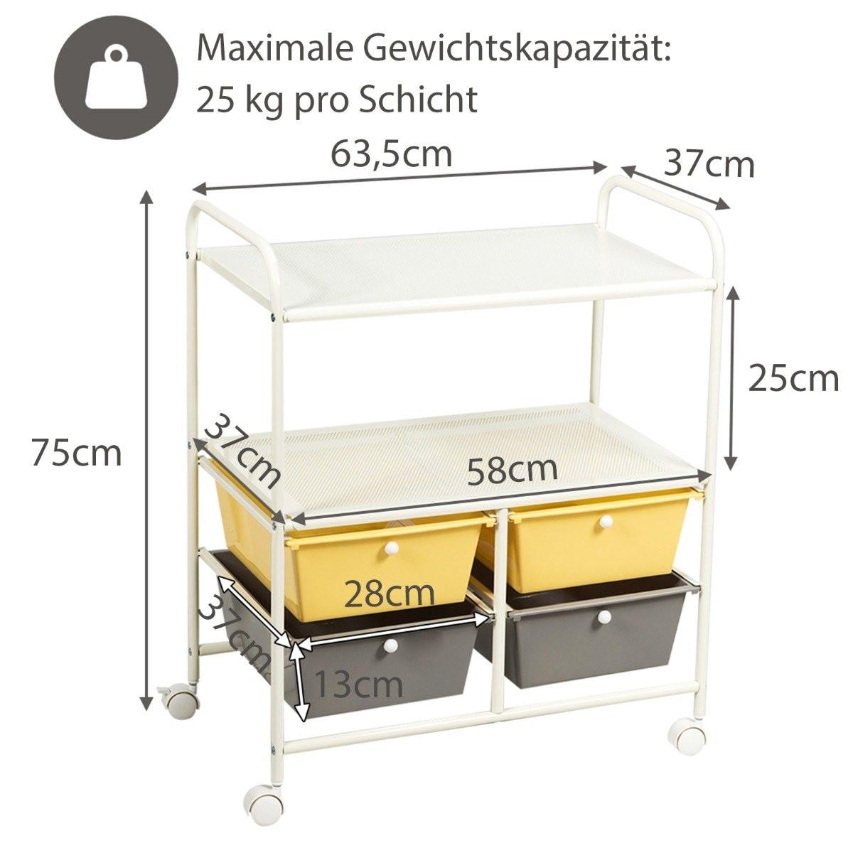 B2X Rollwagen mit 4 stapelbaren Schubladen & Metallgestell & Ablageflächen Rollcontainer Gelb