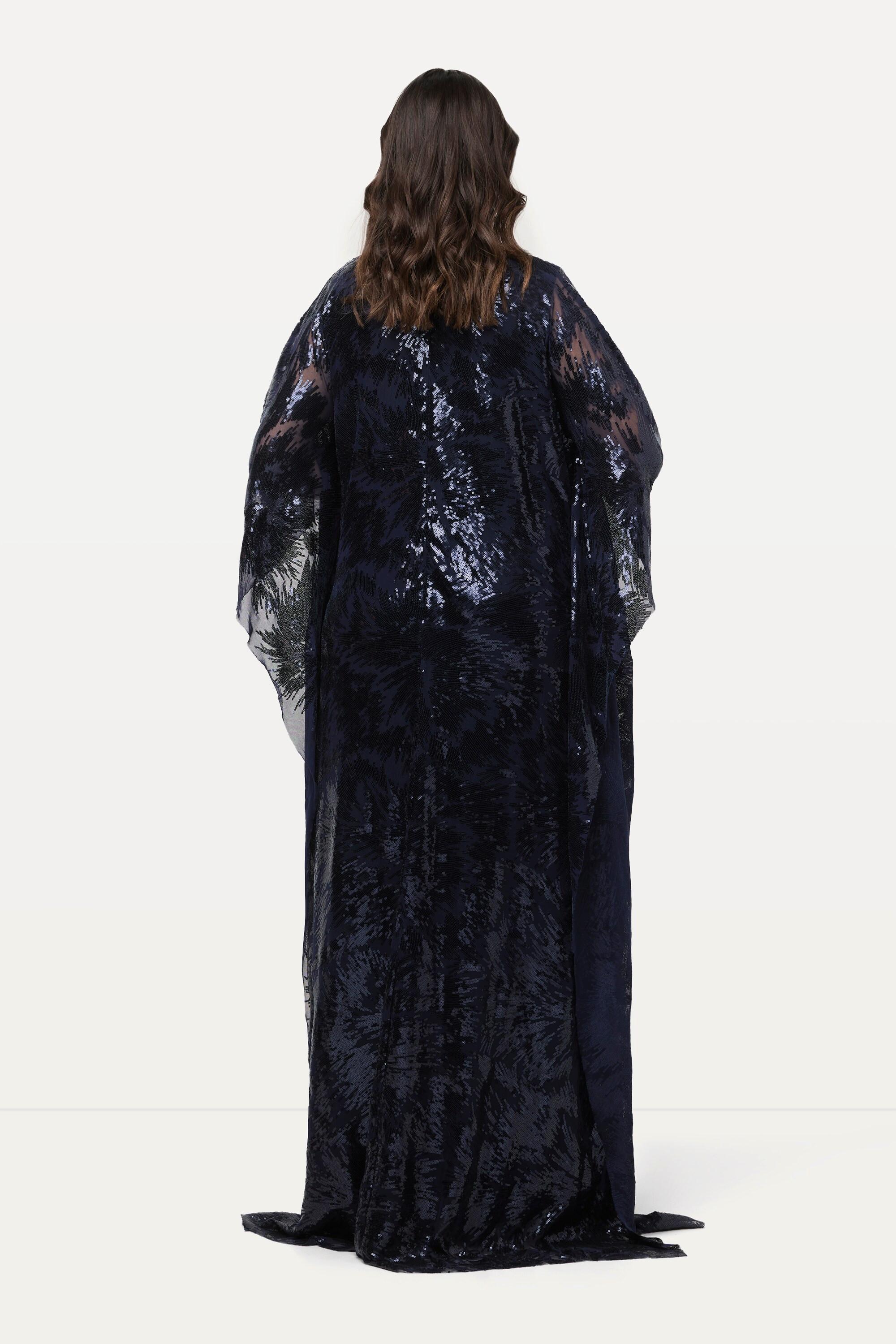 Ulla Popken Doppellagiges Pailletten Cape-Kleid V-Ausschnitt 3/4-Arm