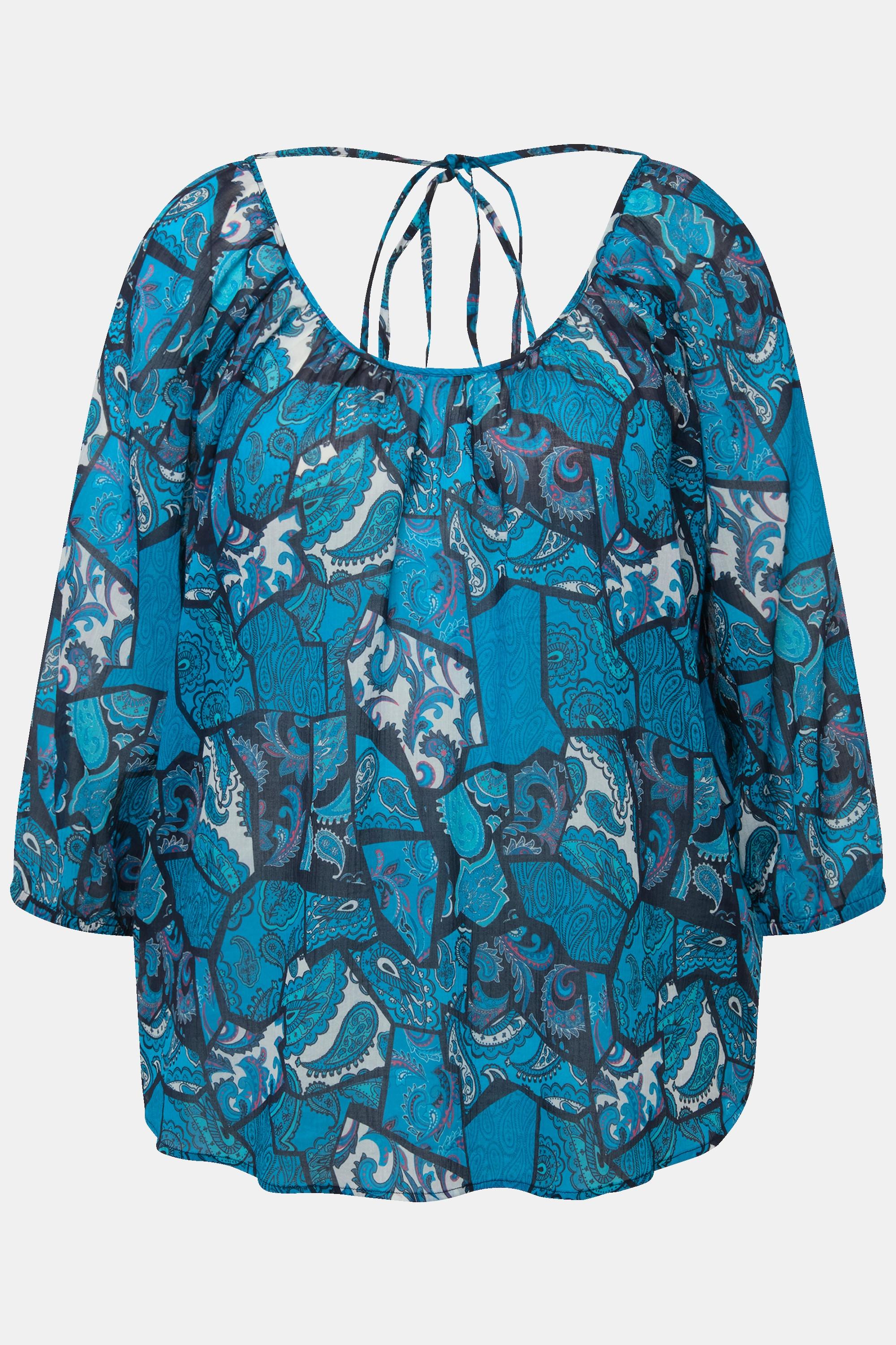 Ulla Popken Bluse Floraler Druck Rundhals Rücken Bindeband