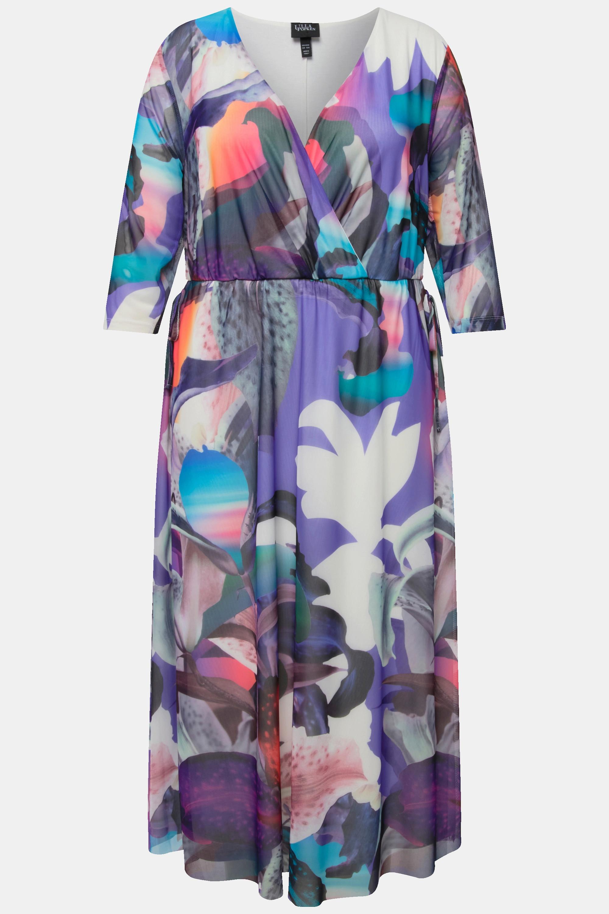 Ulla Popken Meshkleid Blüten Wickeloptik V-Ausschnitt 3/4-Arm
