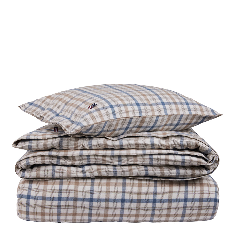 Lexington Rutigt bäddset flanell 220x200 cm dimblå/beige/vit