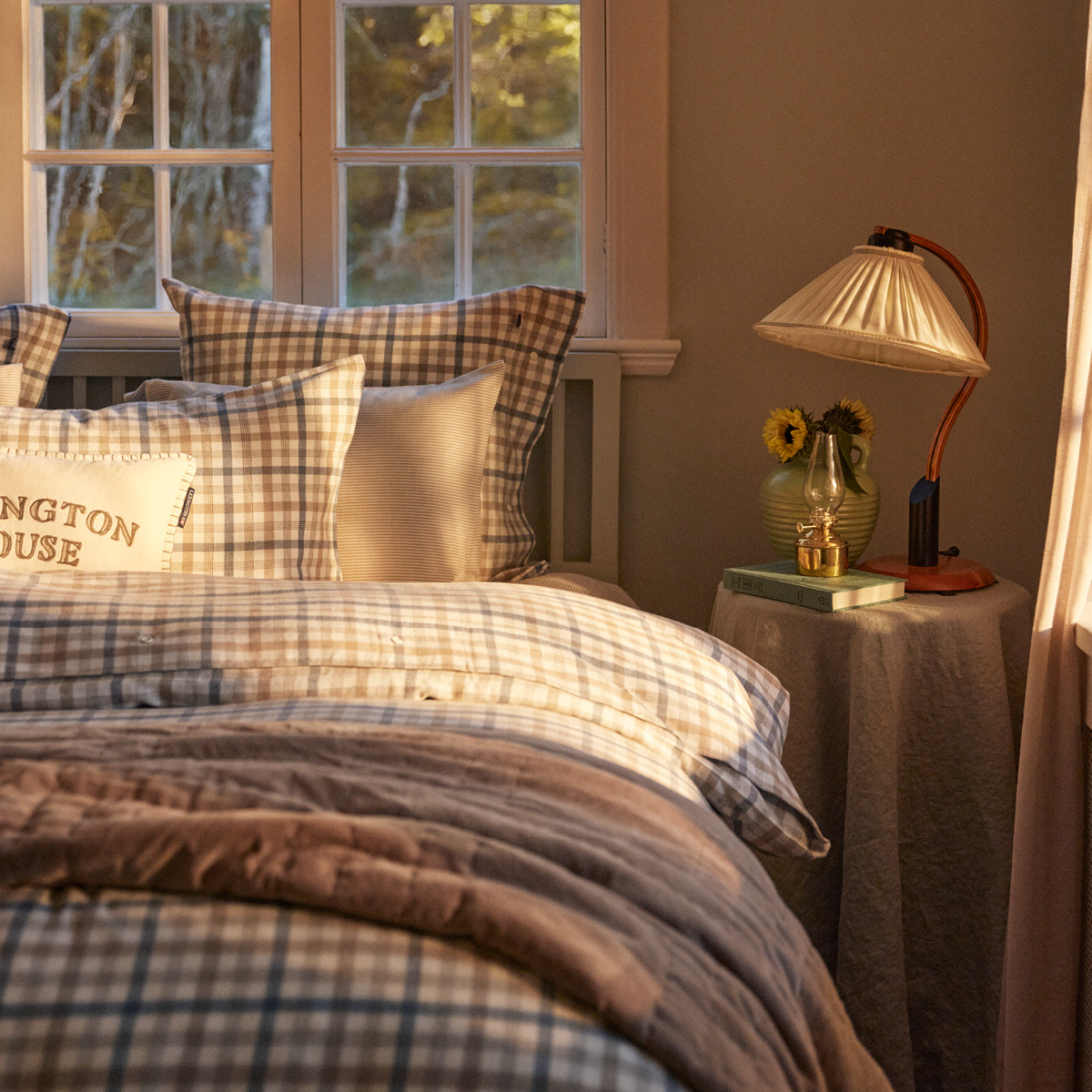 Lexington Rutigt bäddset flanell 220x200 cm dimblå/beige/vit